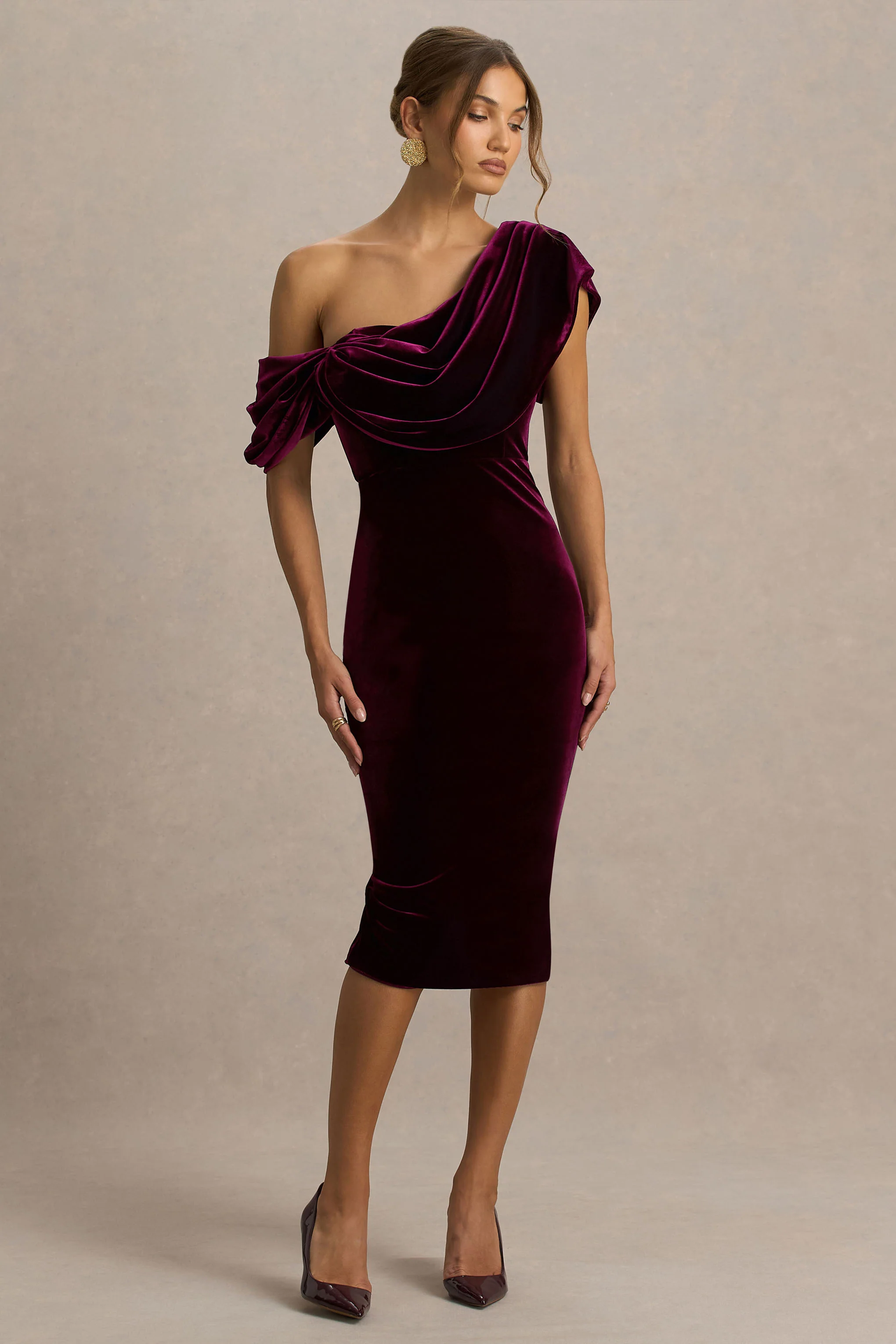 High End | Burgundy Velvet Asymmetric-Neck Midi Dress With Draped Detailing