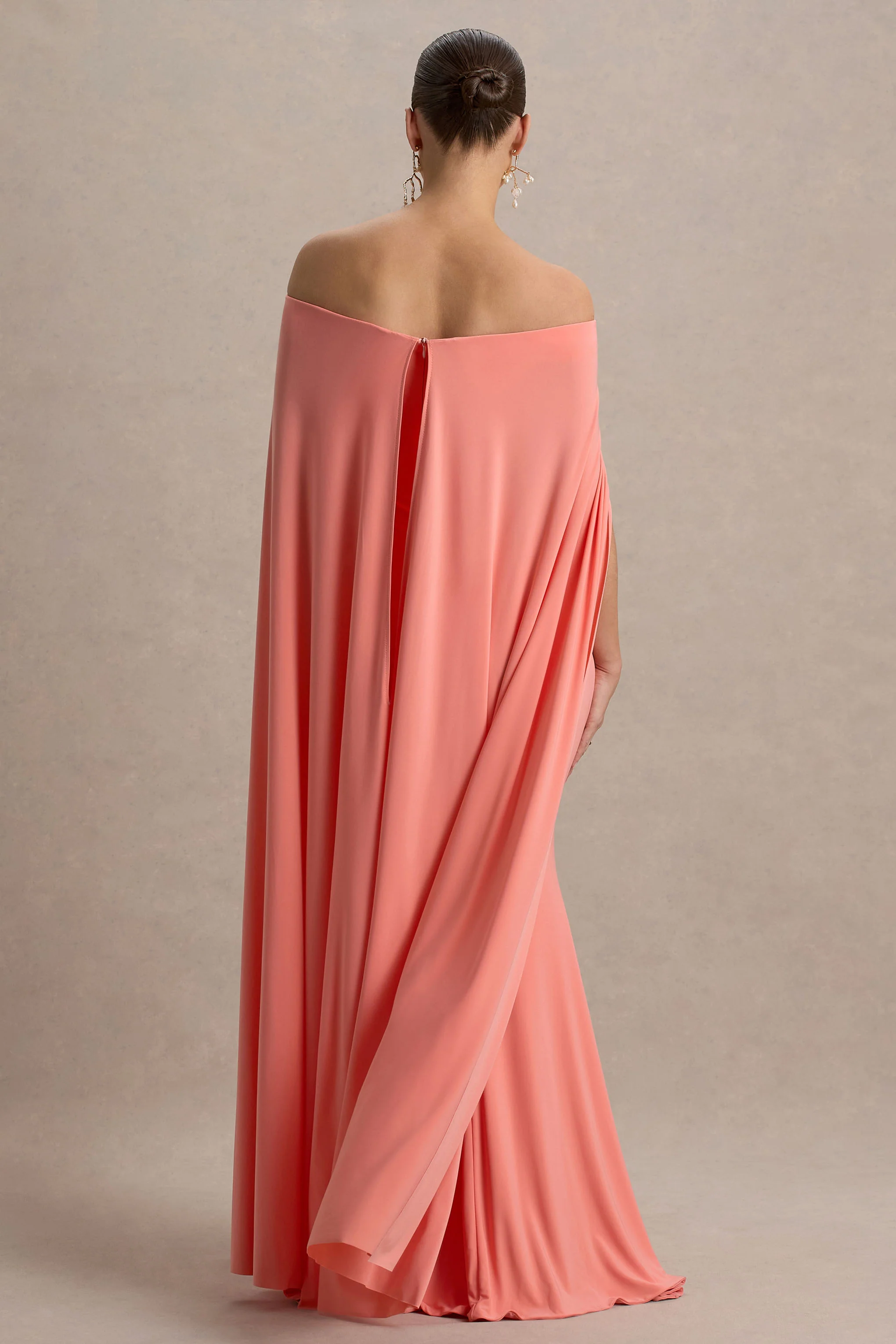 Radiance | Coral Bardot Maternity Maxi Dress With Cape