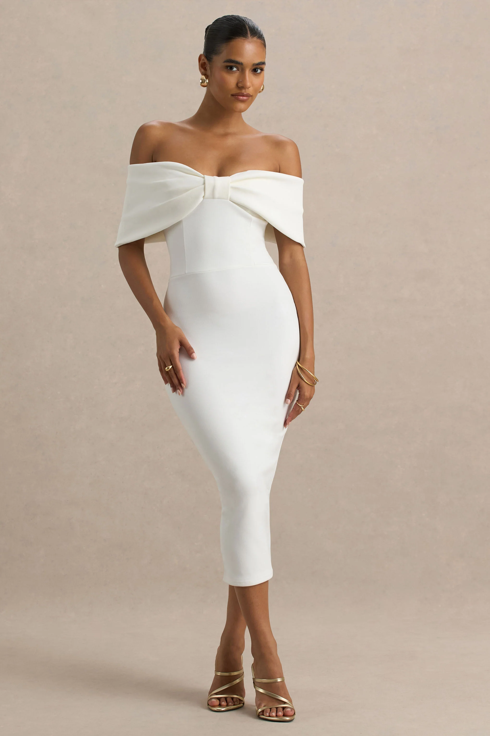 Bayshore | White Bow Bardot Midi Dress