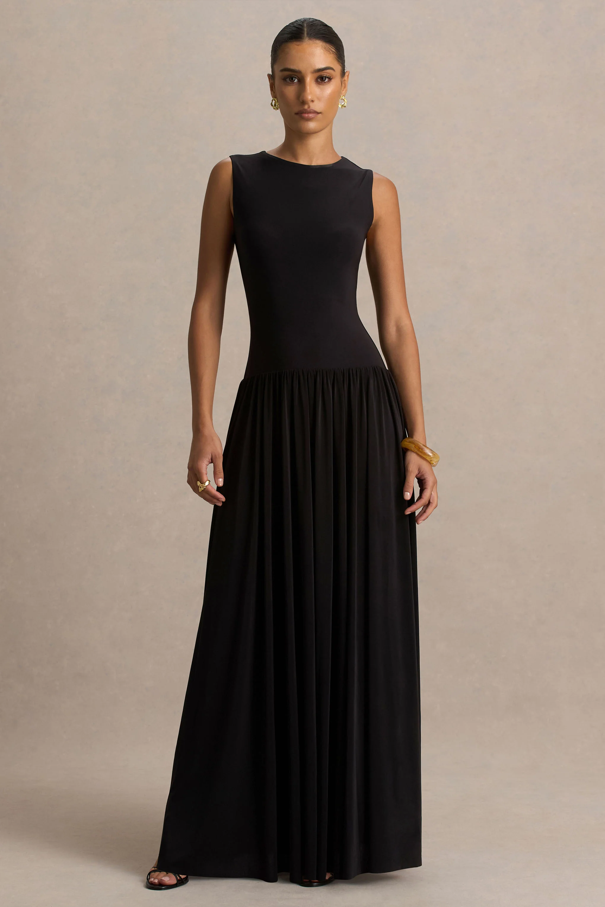 Rosalita | Black Crew-Neck Maxi Dress With Drop-Waist