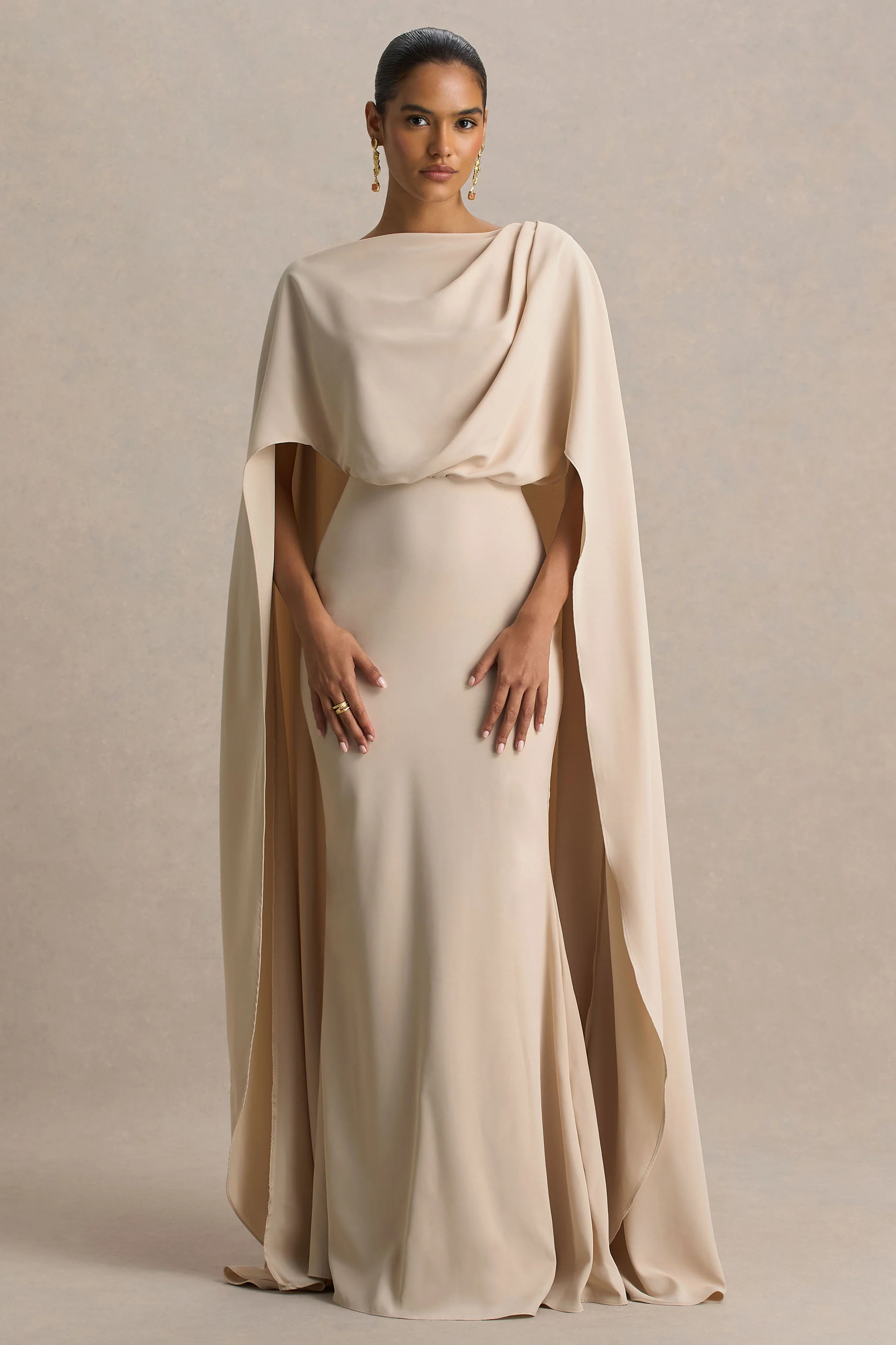 Pristina | Sand Boat-Neck Woven Maxi Dress With Cape Detail