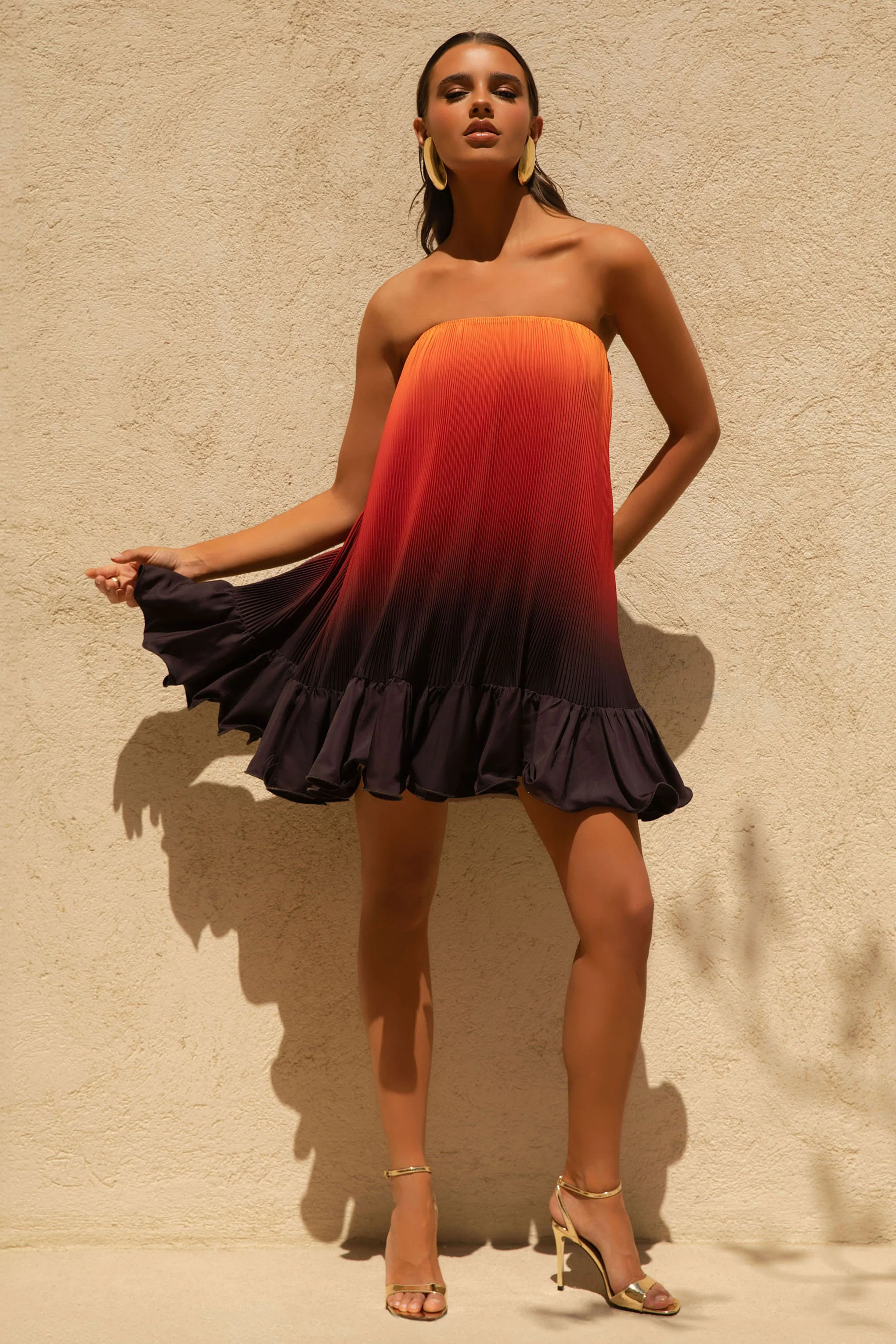 Tropical | Orange Ombre Satin Mini Dress With Ruffle Hem