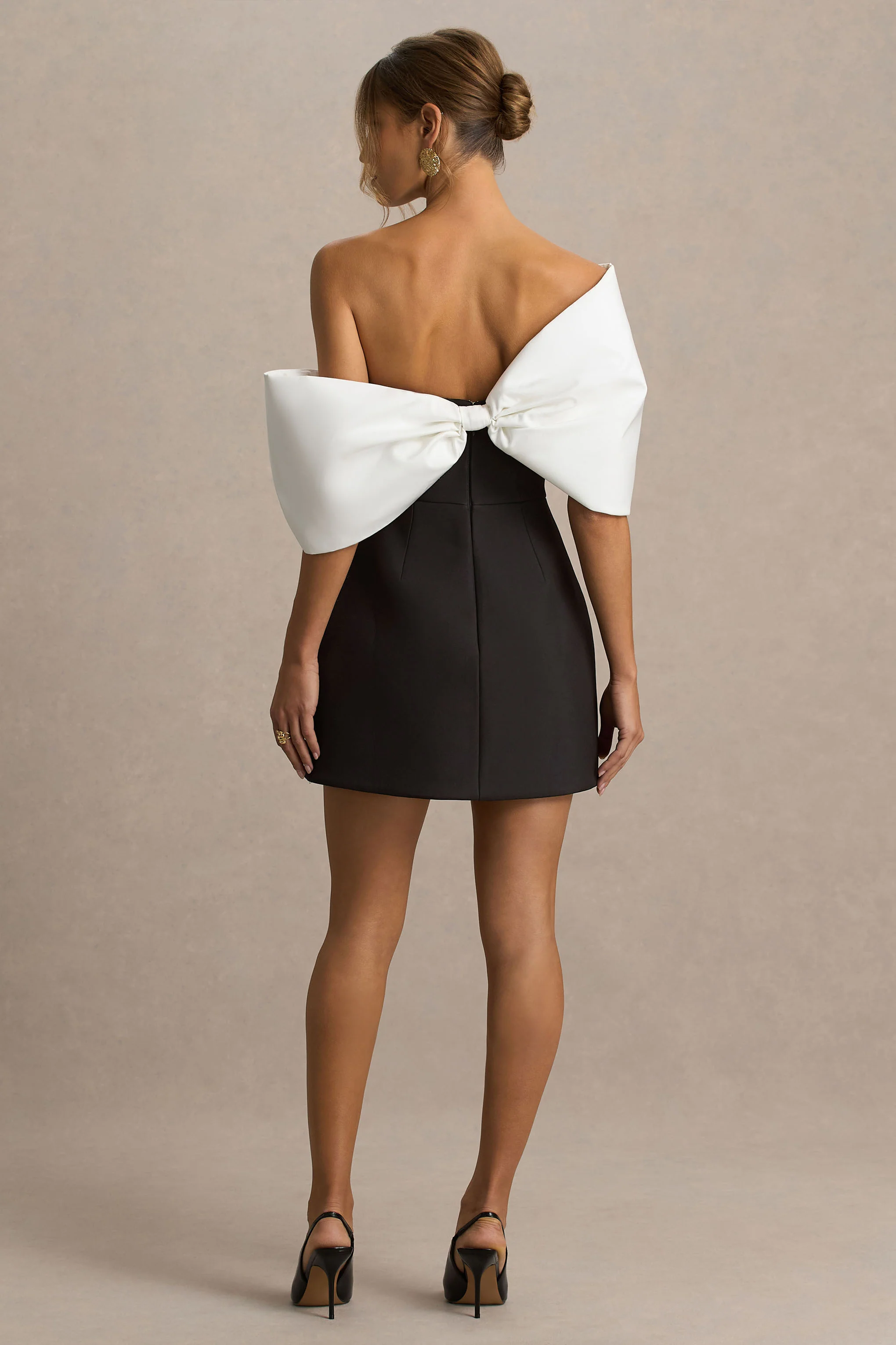 Tindra | Black And White Satin Bandeau-Neck Mini Dress With Bow Sleeves