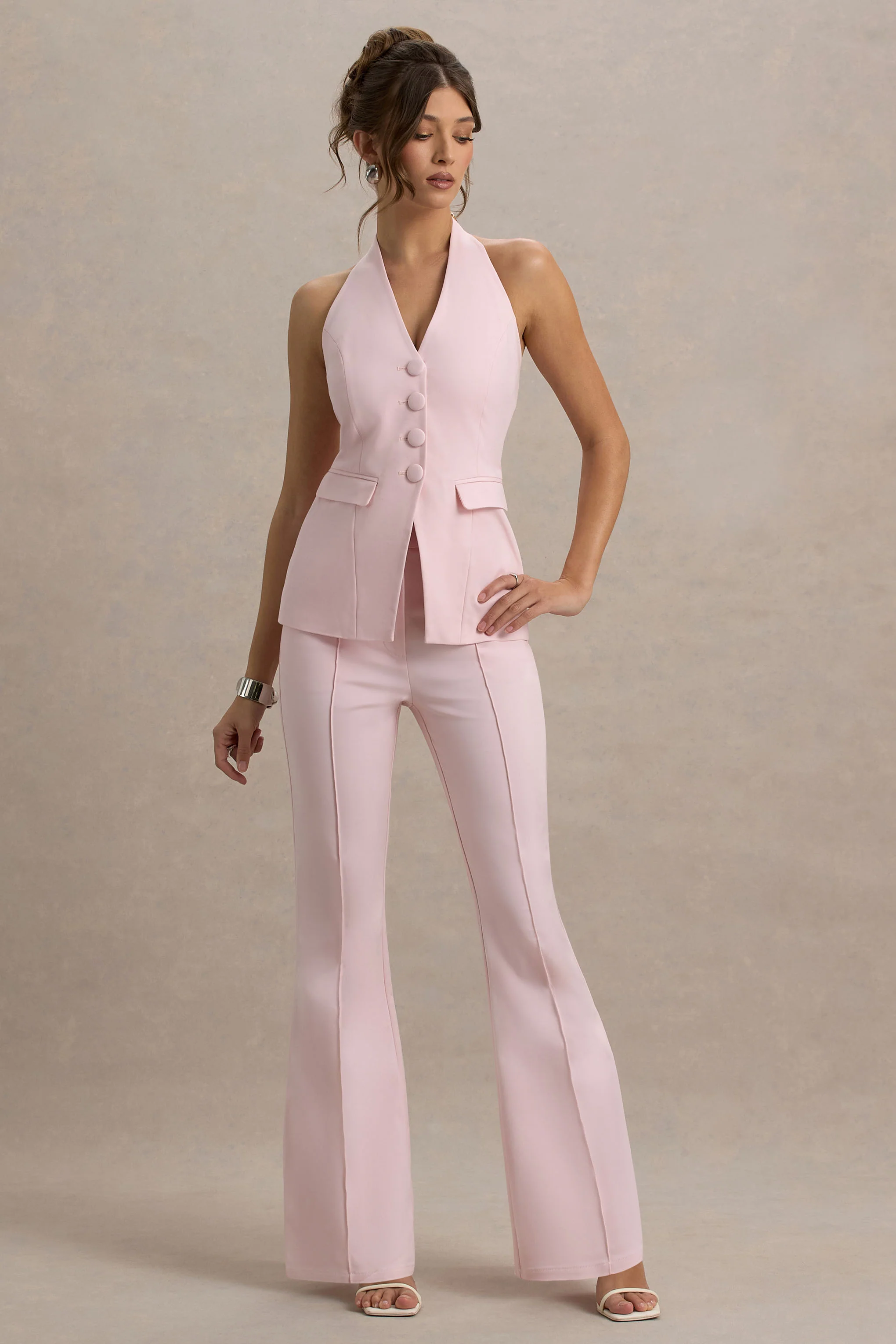 Carina | Pink Flared-Leg Tailored Trousers