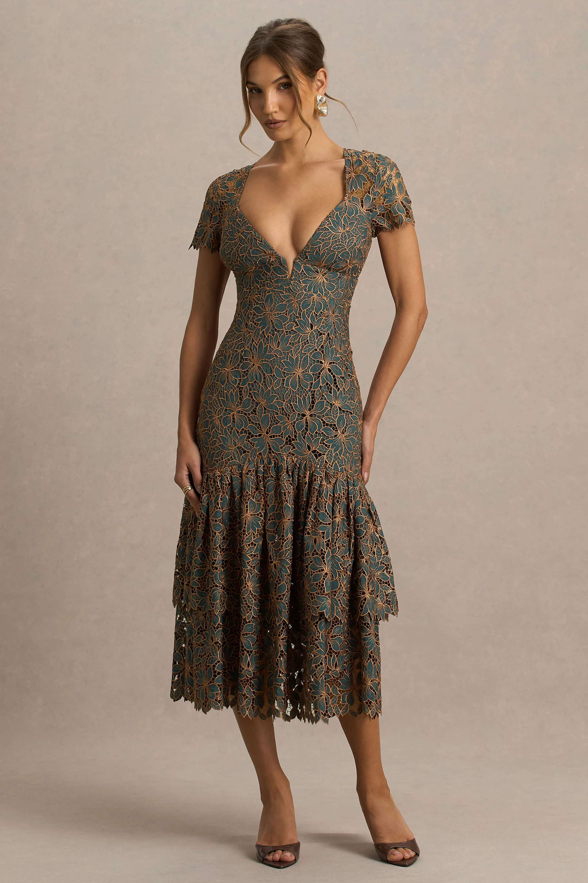 Sabrina | Dark Green And Rust Embroidered Plunge-Neck Midi Dress
