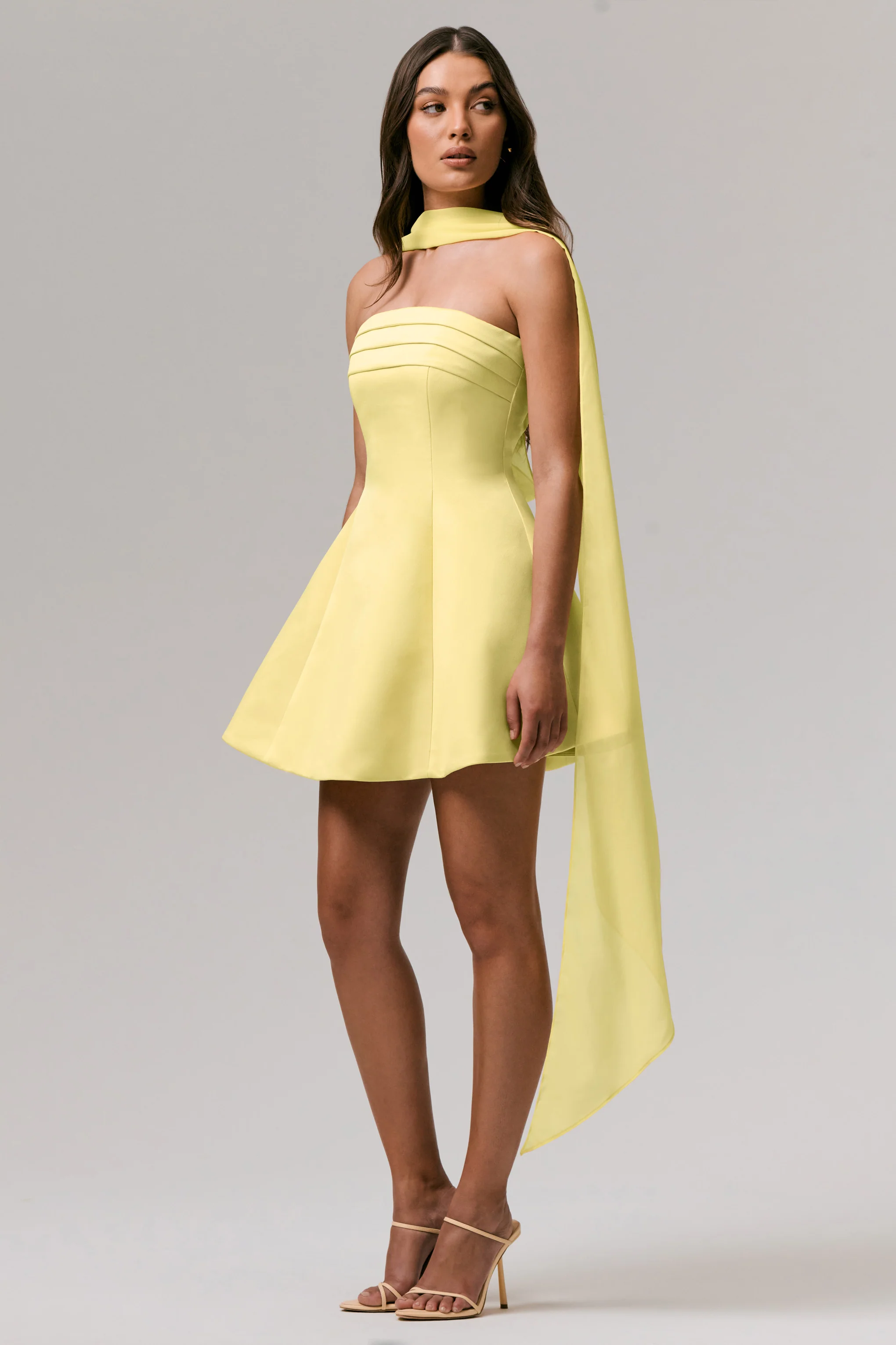 Love Me | Lemon Satin Skater Mini Dress With Chiffon Scarf