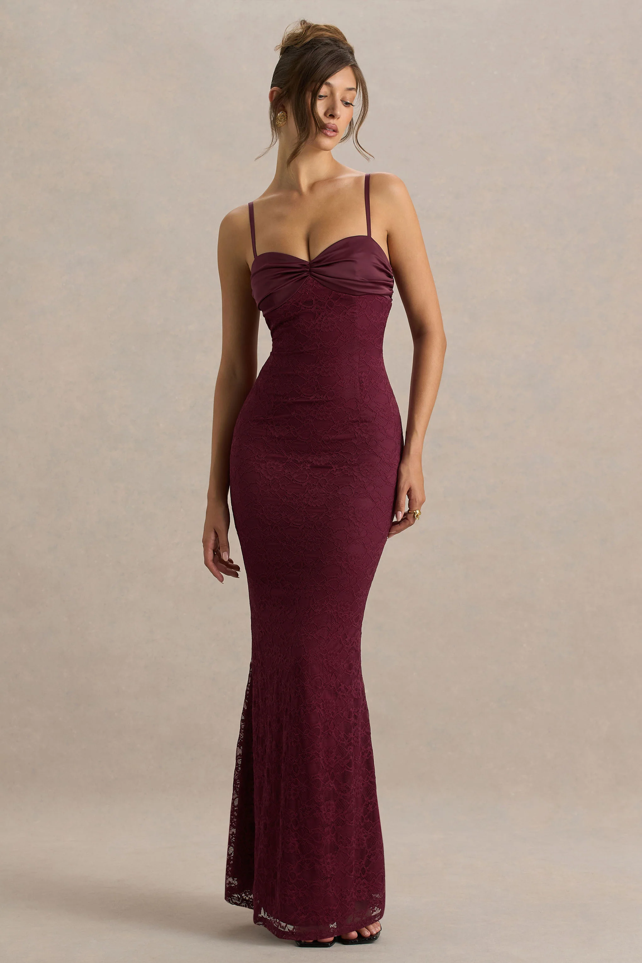 Juana | Burgundy Sweetheart-Neck Satin And Lace Maxi Dress