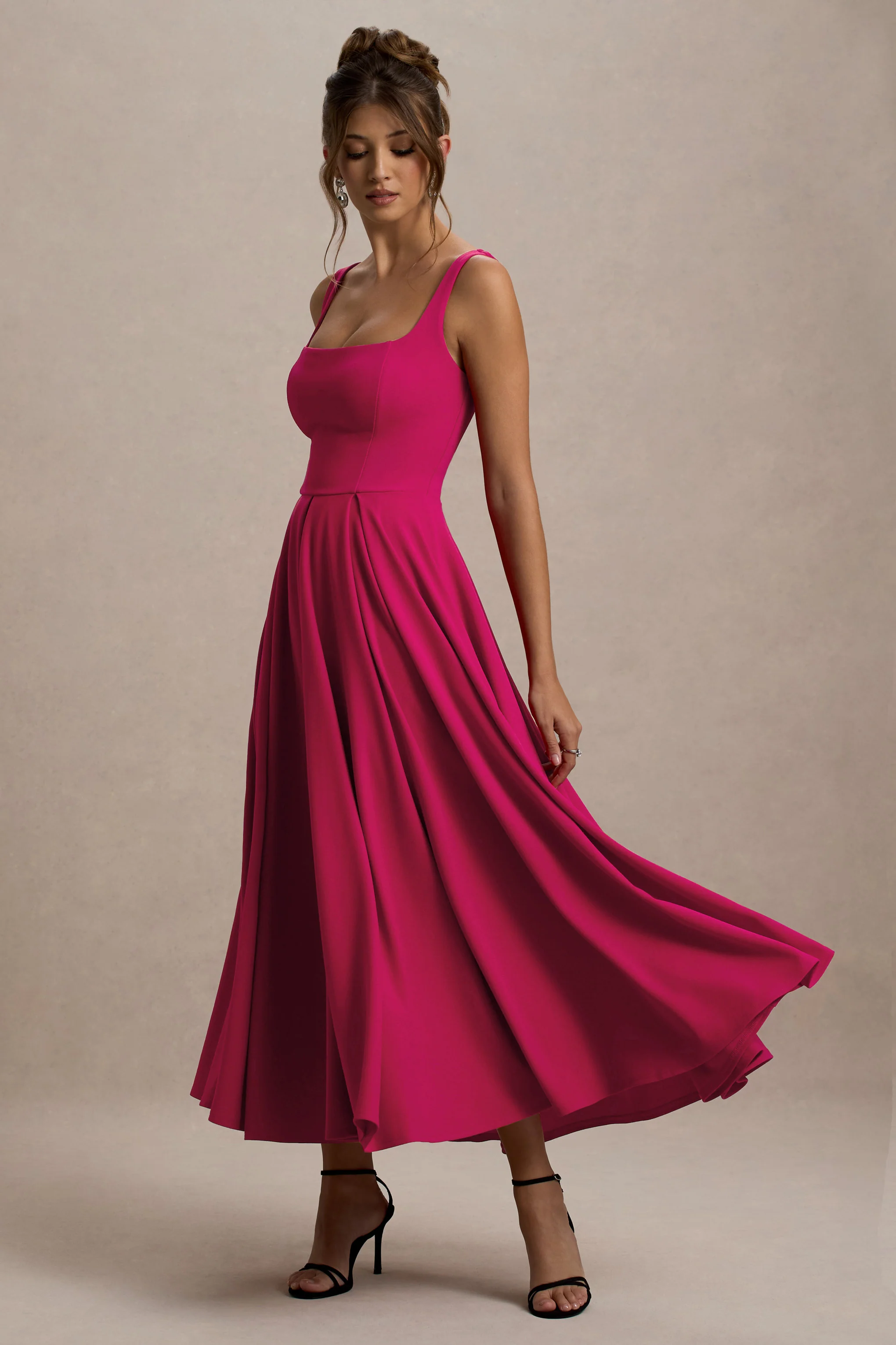 Parina | Hot Pink Strappy Volume-Hem Midi Dress