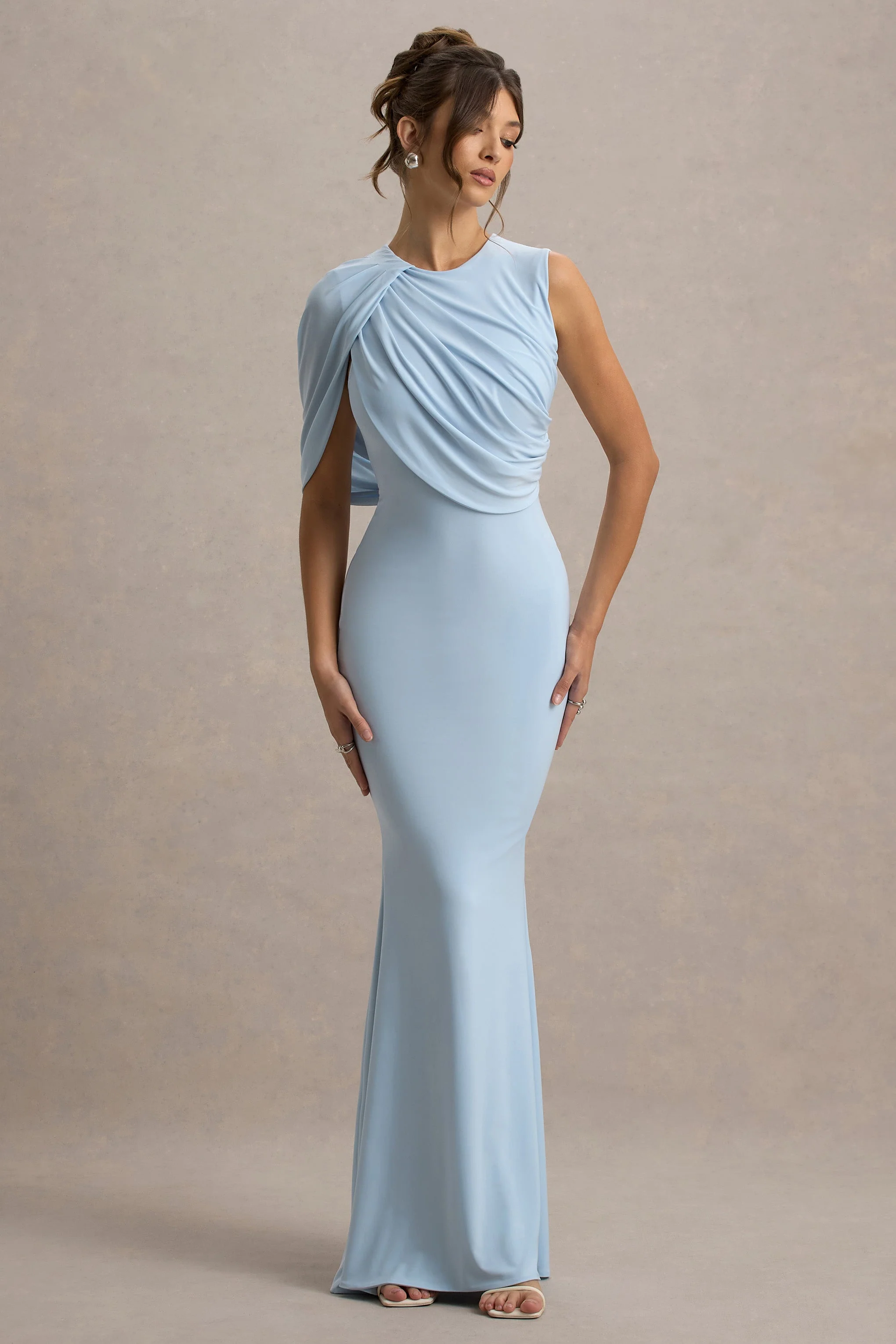 Rae | Powder Blue Maxi Dress With One-Sleeve Cape
