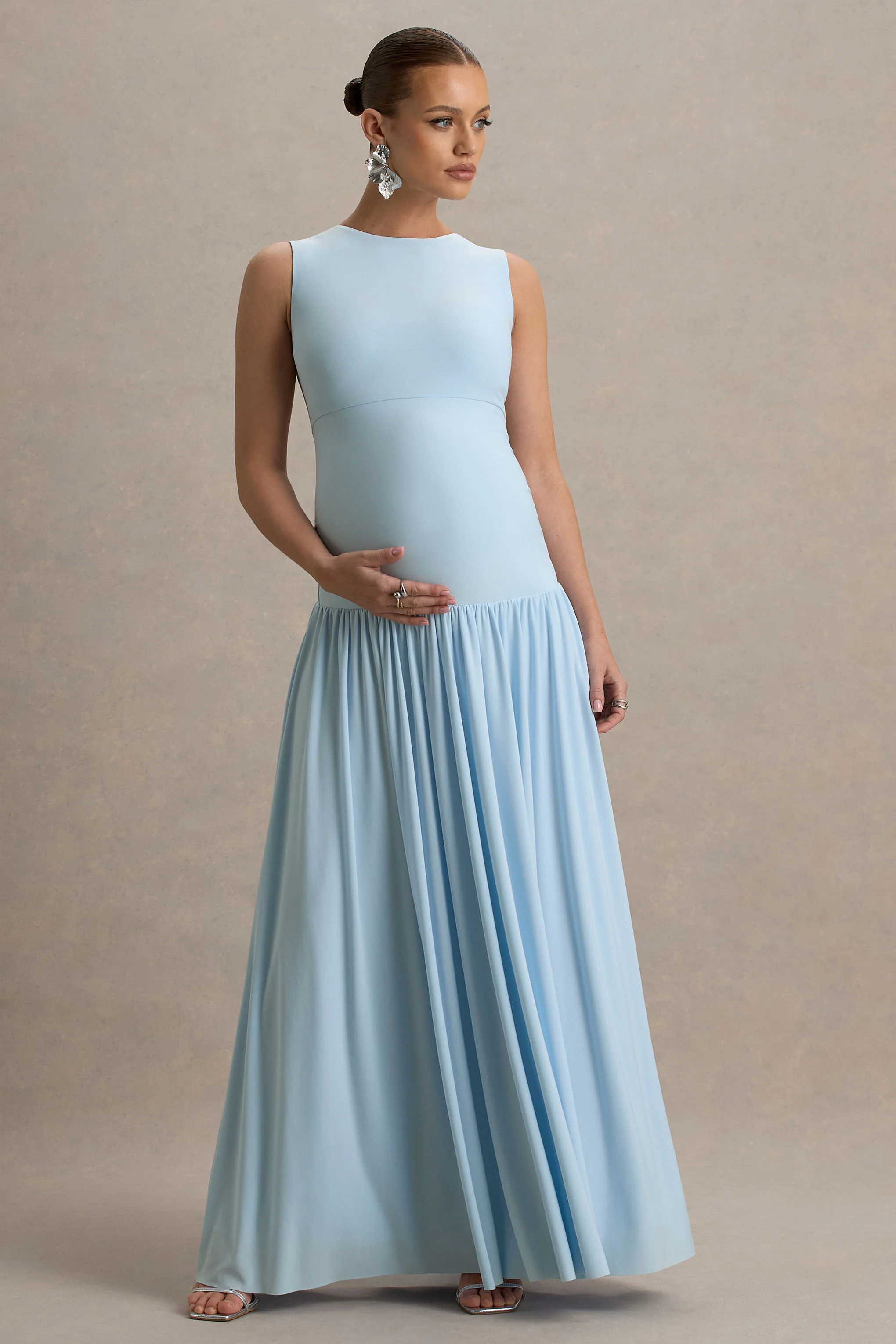 Outline | Powder Blue Maternity Maxi Dress With Draped Skirt