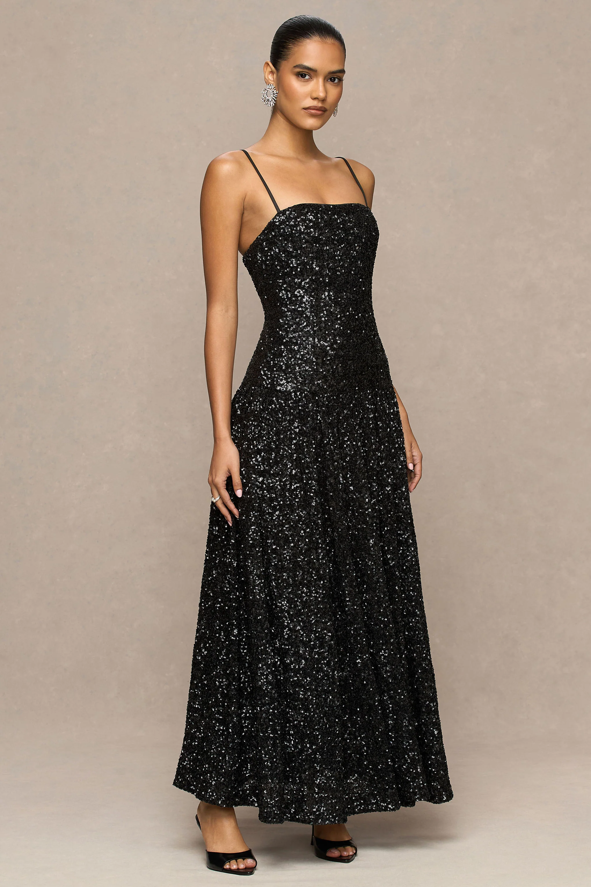 Allora | Black Sequin Bandeau Maxi Dress With Pleated Skirt