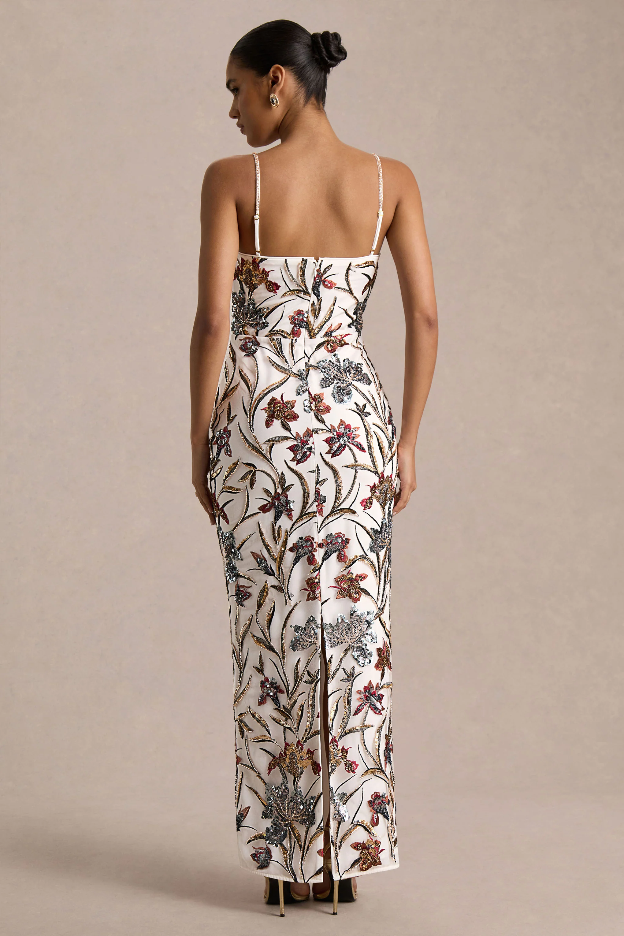 Kyle | Cream Sequin Floral Embellished Square-Neck Maxi Dress