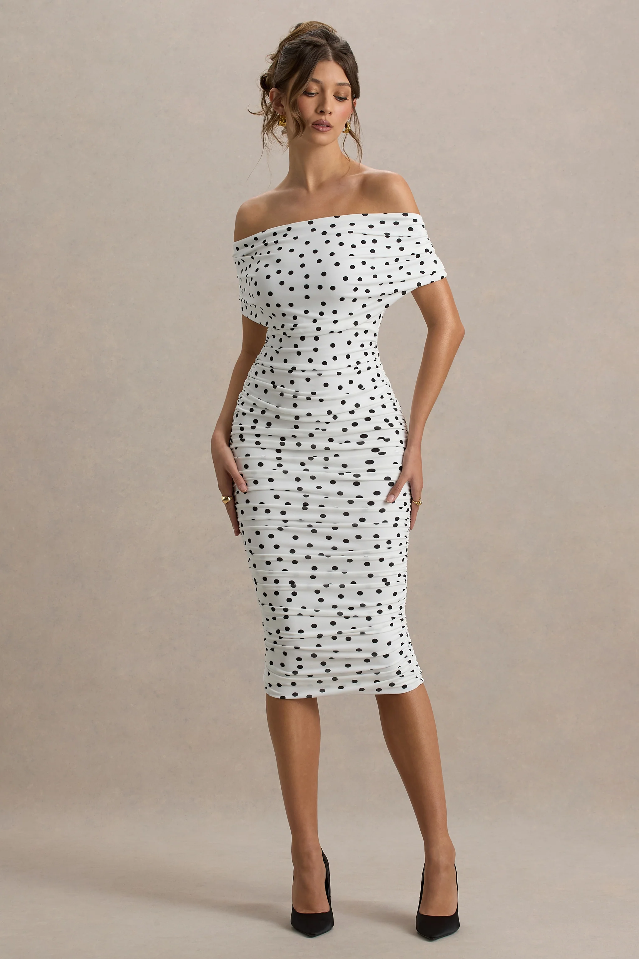 Rayleigh | Polka Dot Bardot Ruched Midi Dress
