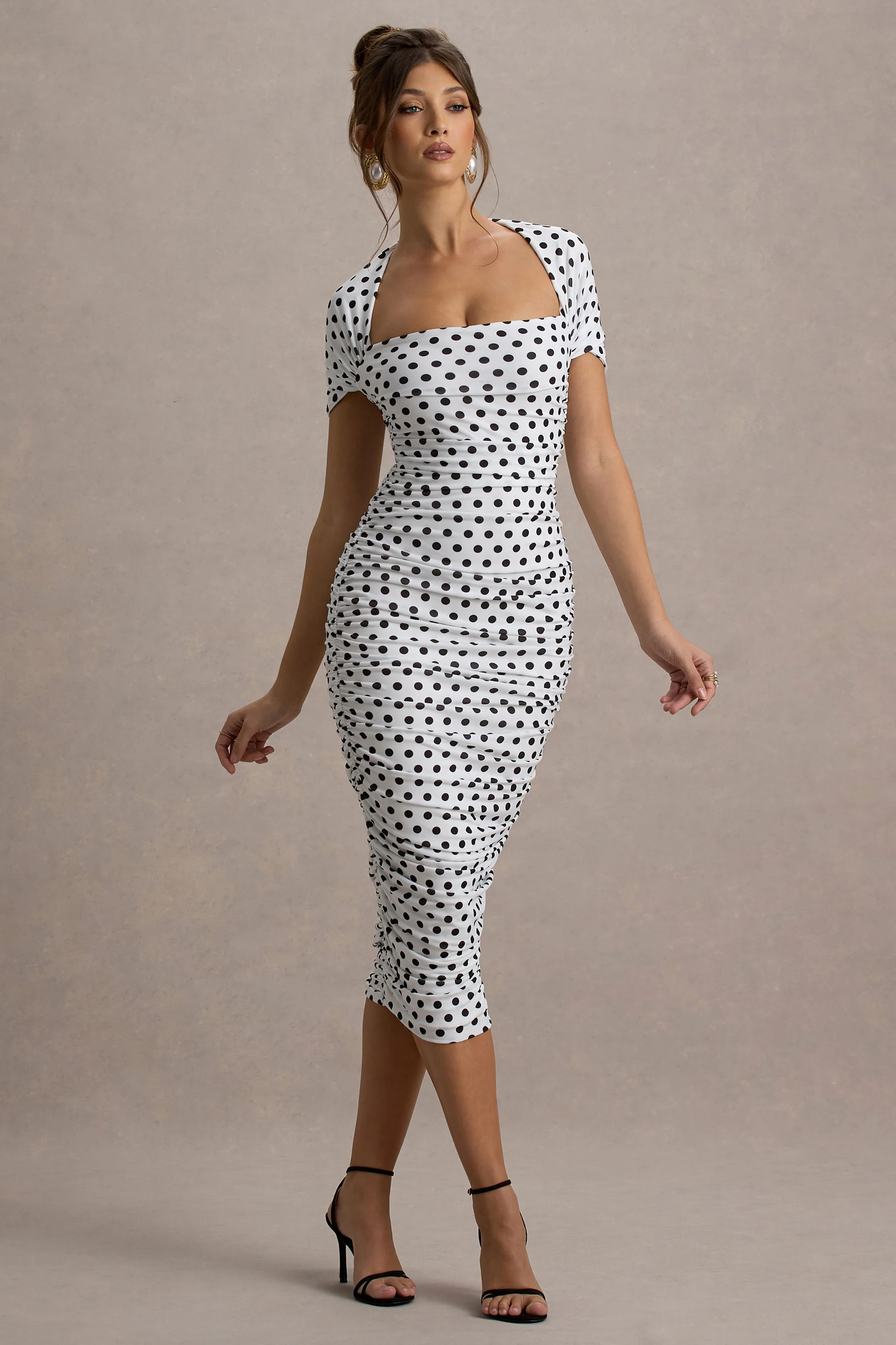 Paxos | White Polka Dot Ruched Short-Sleeve Midi Dress