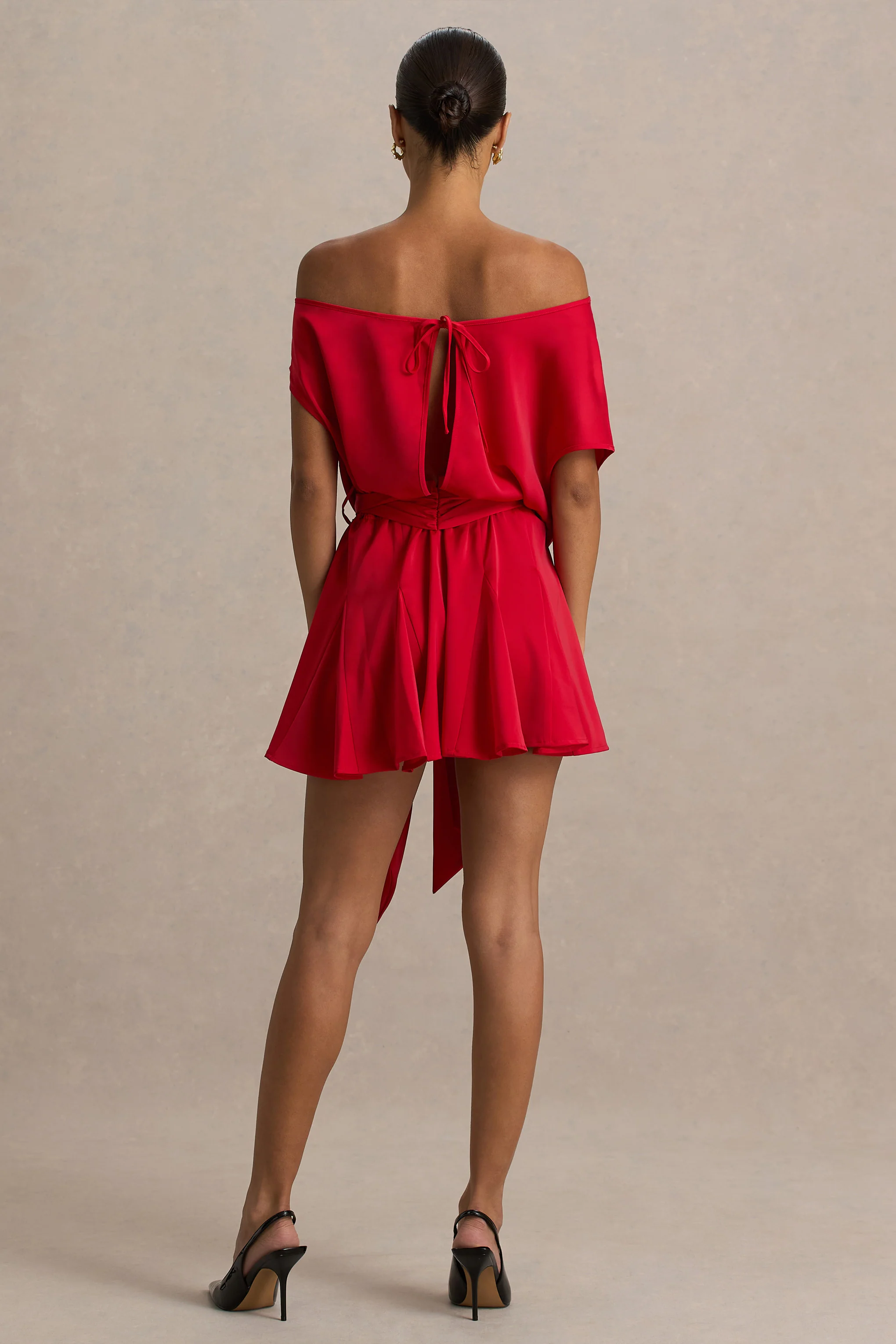 Clydie | Red Satin Asymmetric Playsuit With Tie-Waist