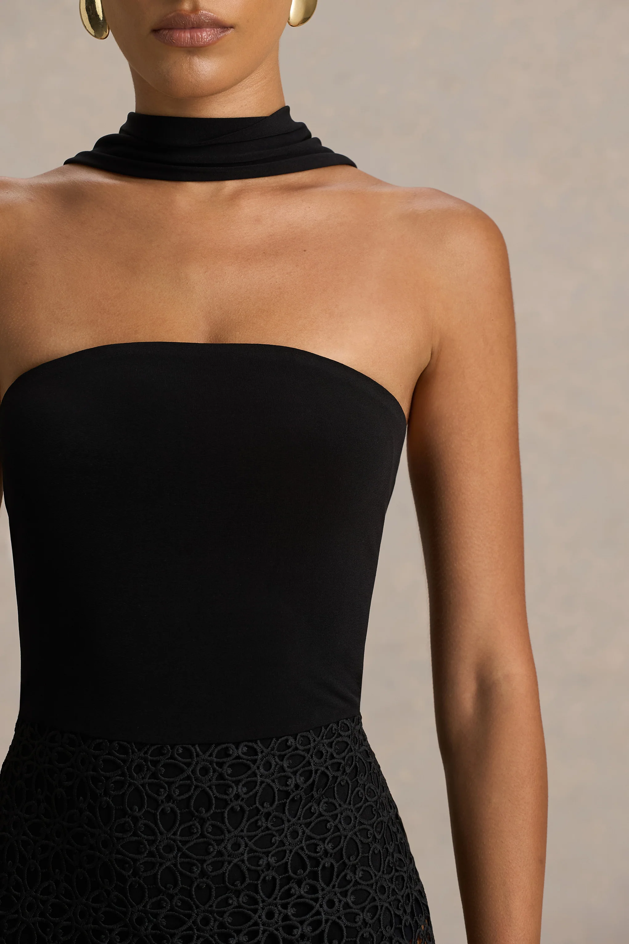 Tamala | Black High-Neck Midi Dress With Lace Skirt