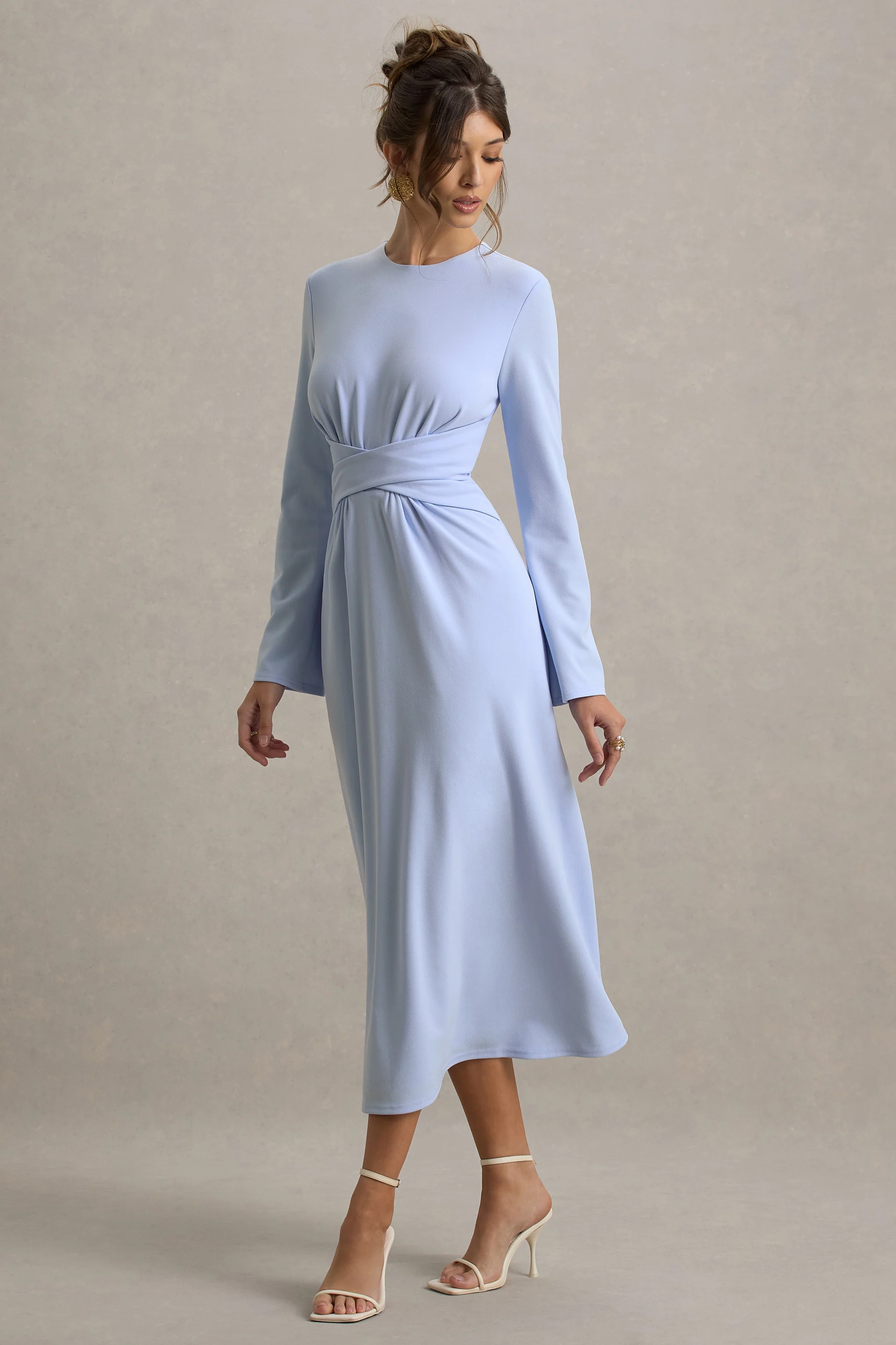 Cassiopeia | Light Blue Long-Sleeve Midi Dress With Cross Waist