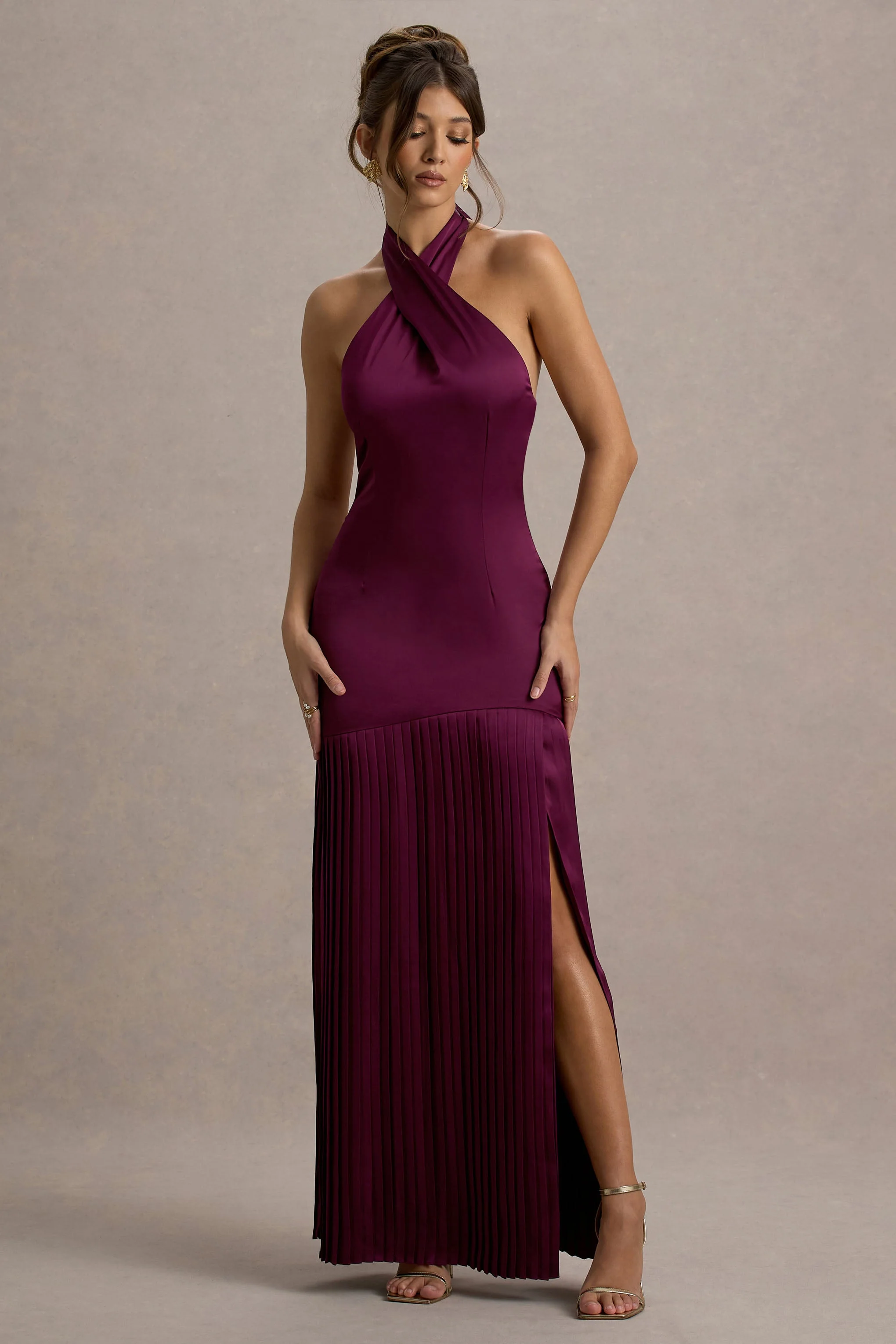 Sansa | Burgundy Satin Cross Halter-Neck Plisse Maxi Dress