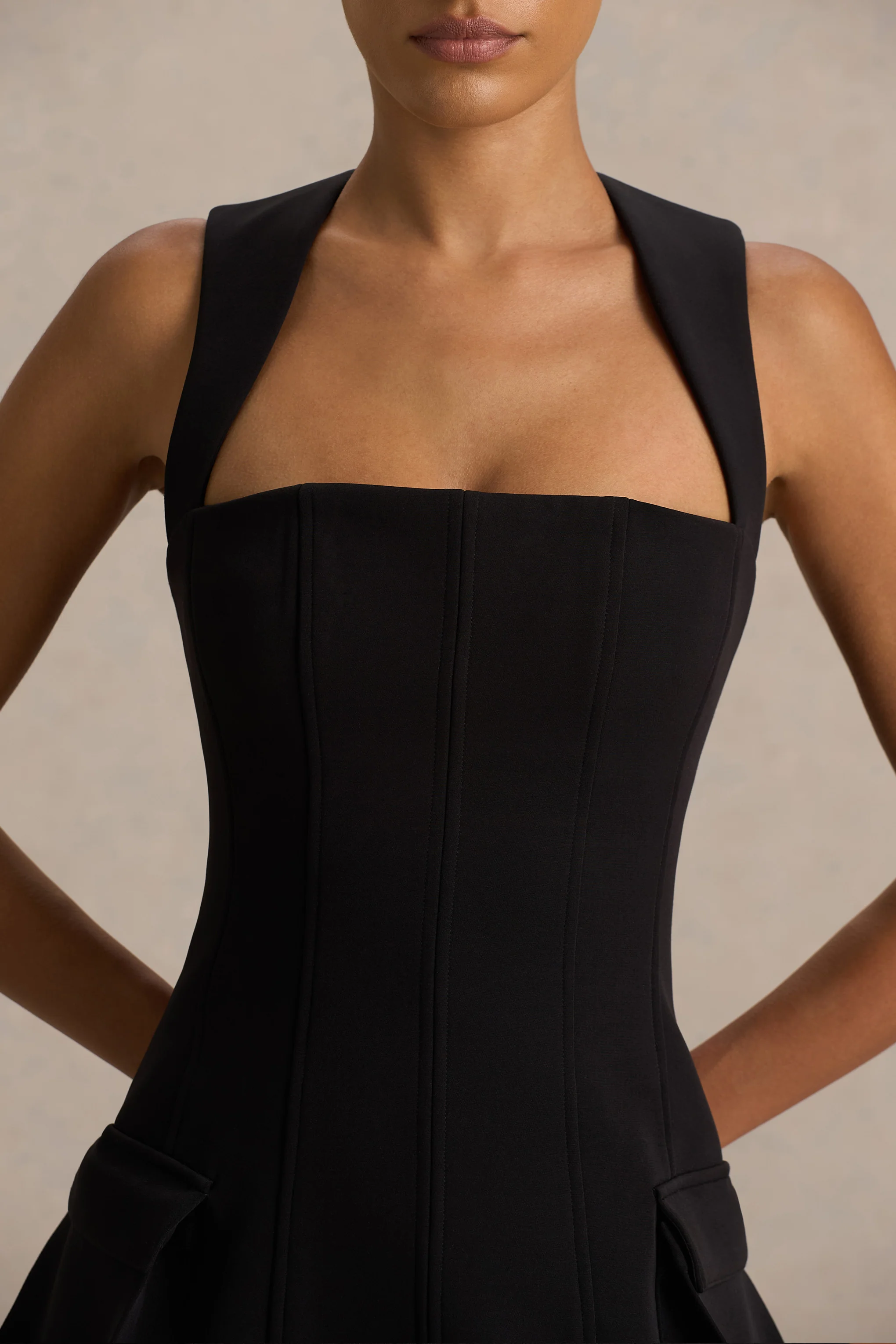 Mollie | Black Square-Neck Tailored Micro Mini Dress