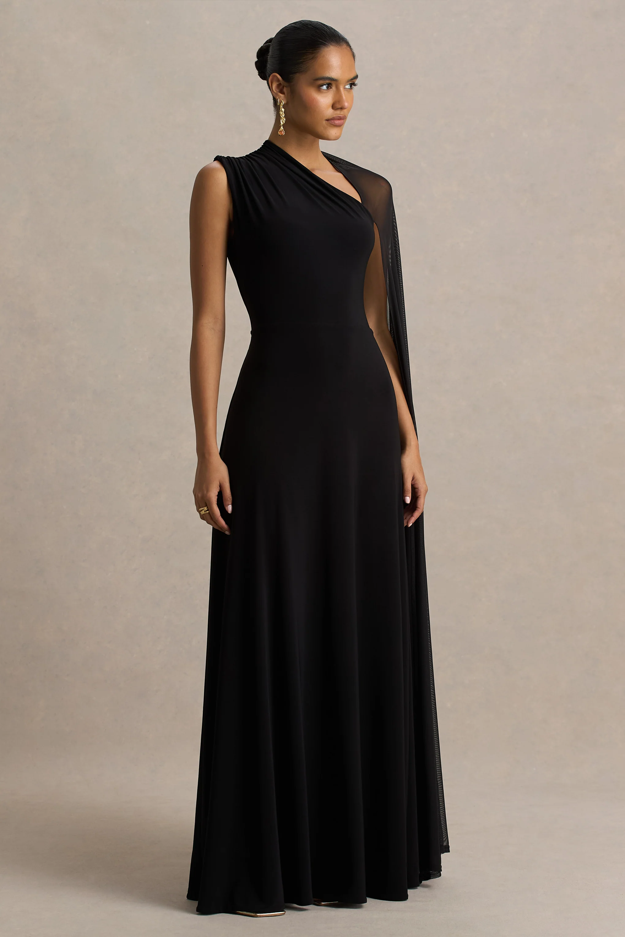 Selena | Black High-Neck Maxi Dress With Cut-Out And Cape Sleeve Detail