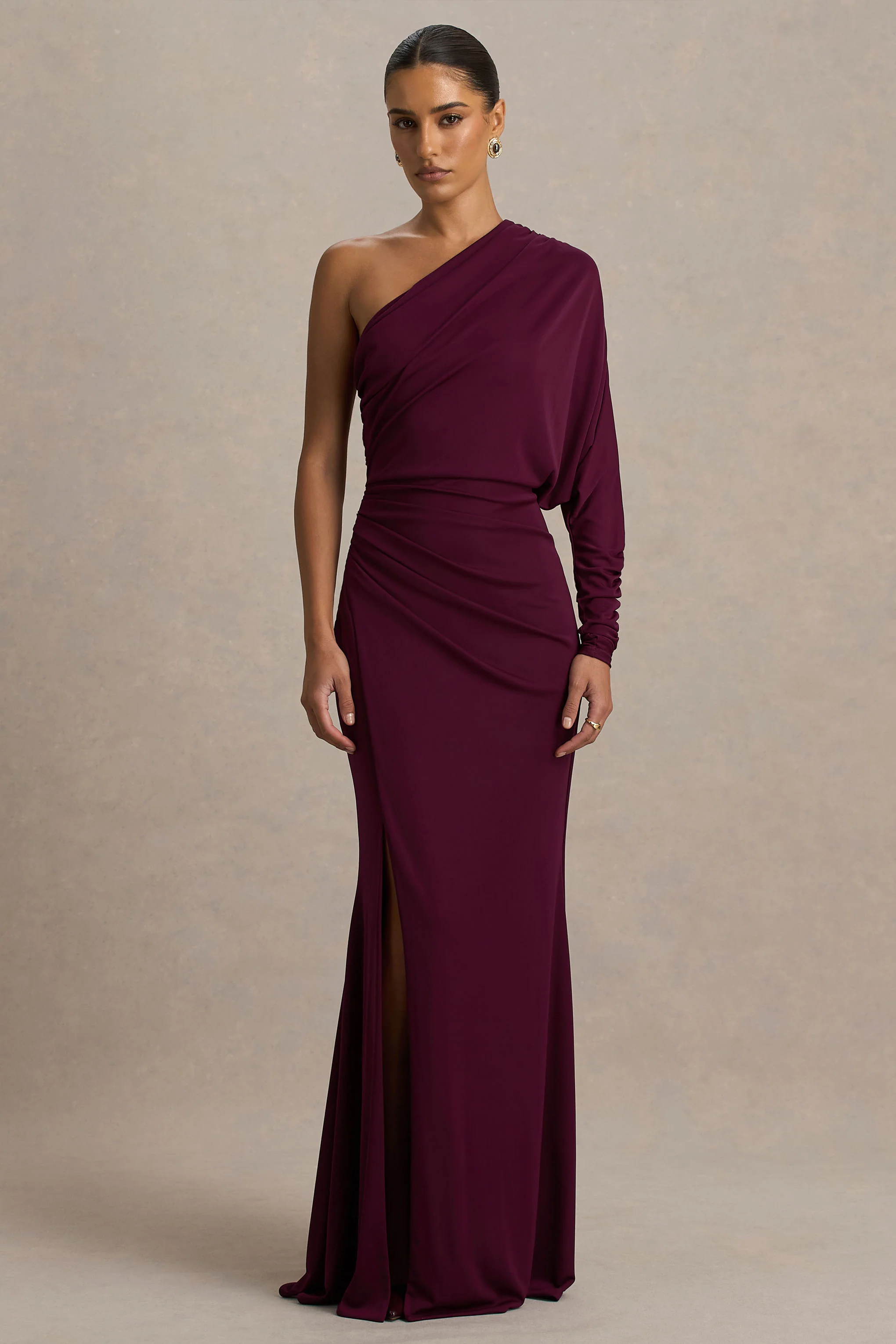 Lola | Burgundy Asymmetric-Neck Maxi Dress With Ruched Detailing And Front High-Split