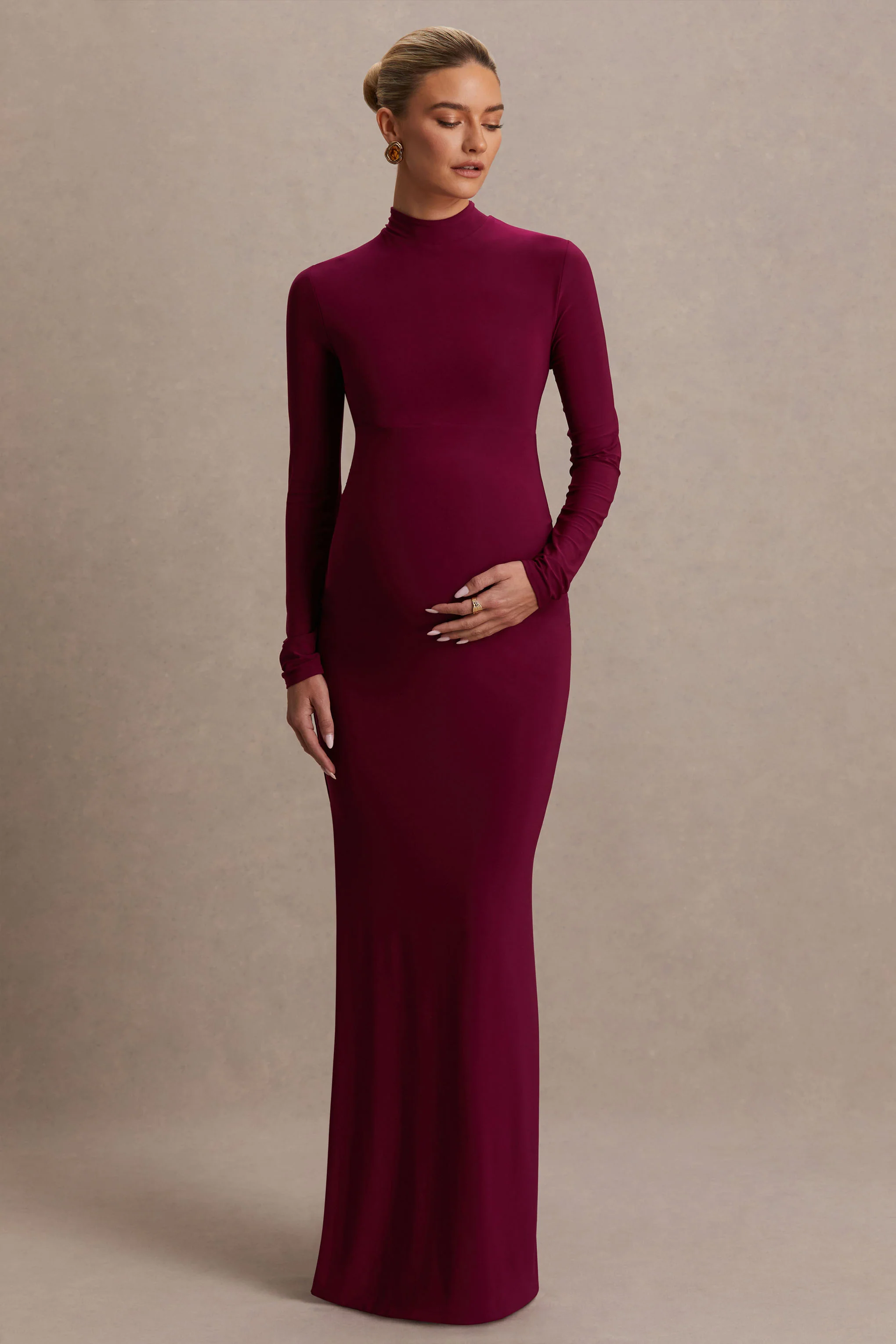 Alejandra | Burgundy Maternity Long Sleeve High Neck Maxi Dress
