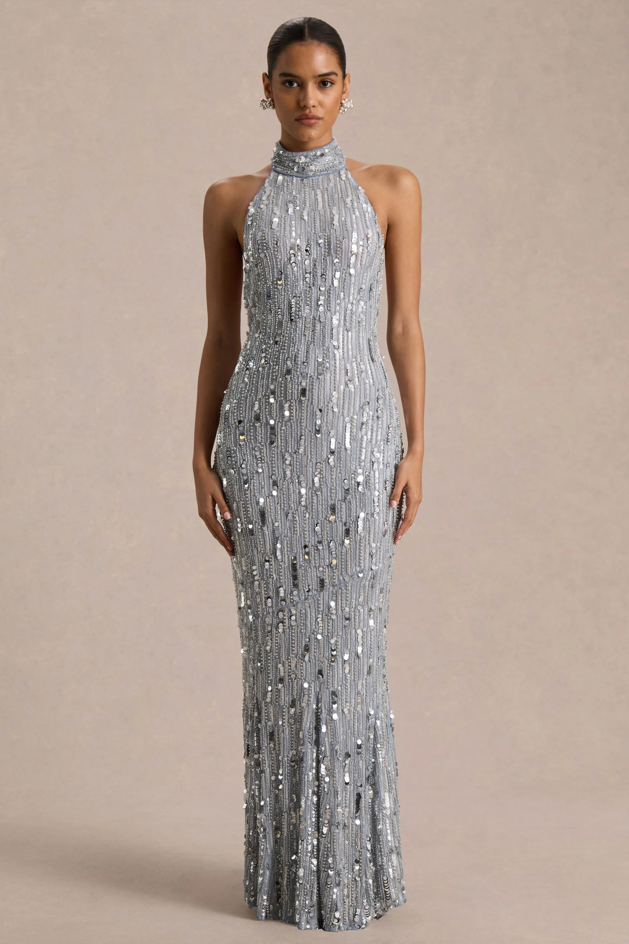 Zaira | Silver Sequin High-Neck Maxi Dress With Open-Back