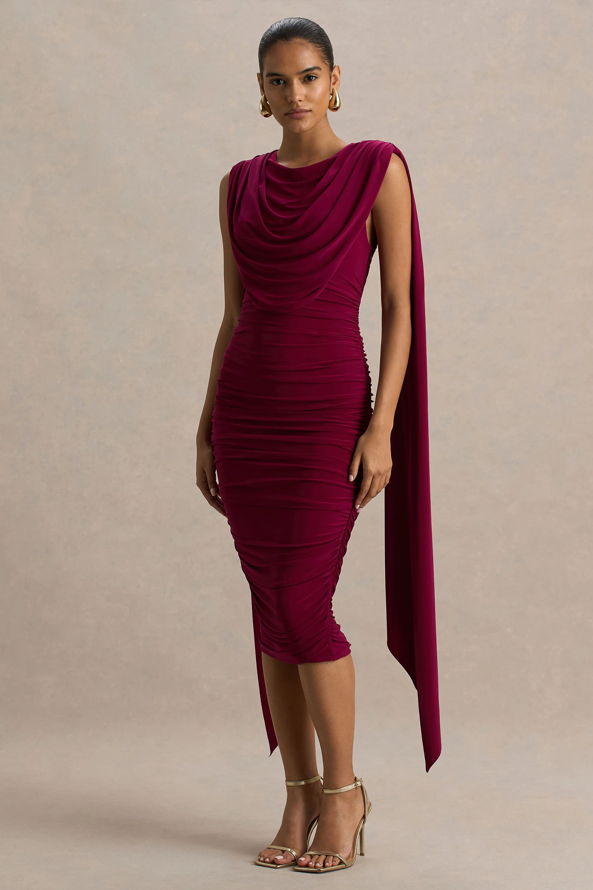 Wanderer | Burgundy Crew-Neck Midi Dress With Draped and Ruched Detailing