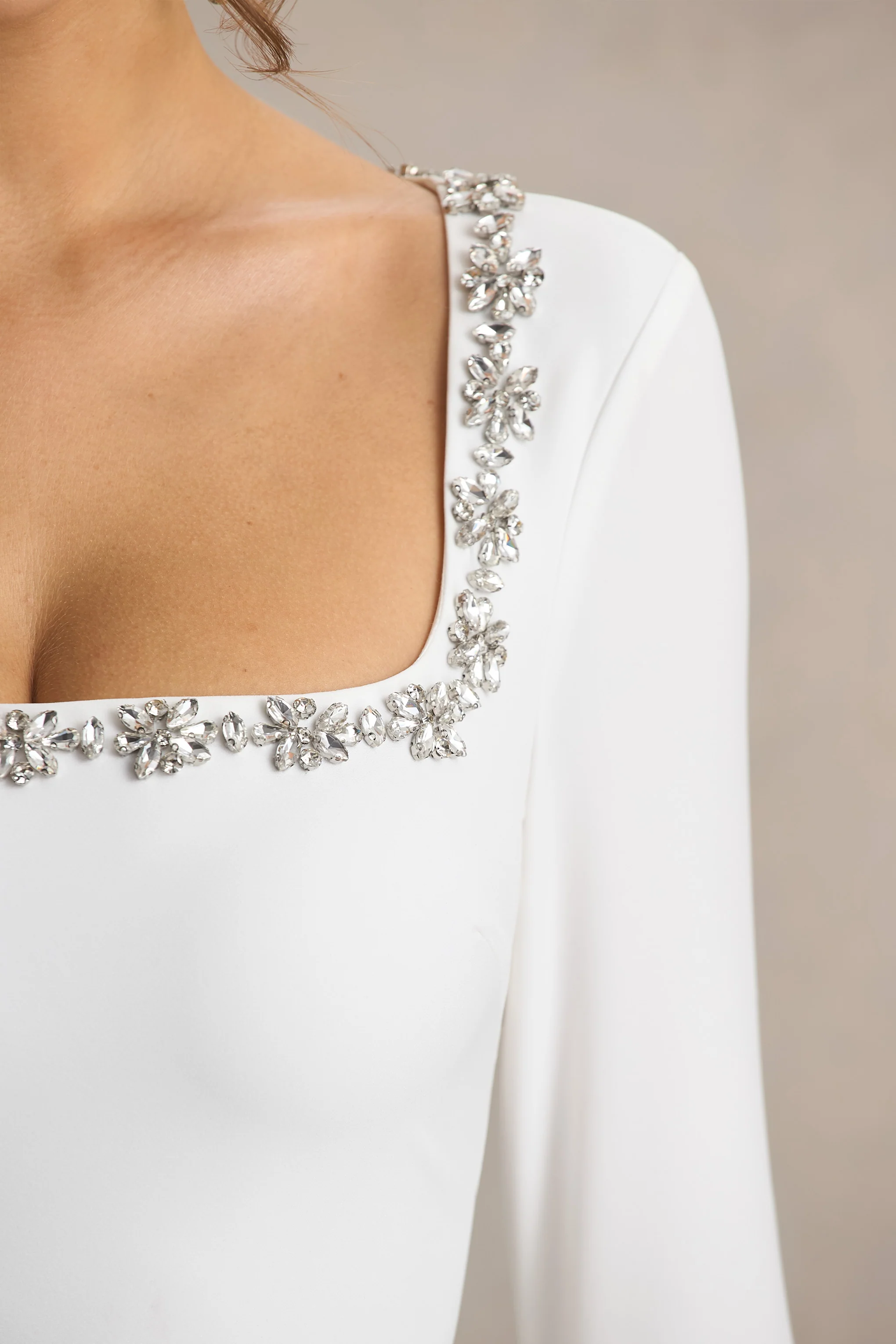 Astonish | White Long-Sleeve Embellished Mini Dress With Volume Skirt