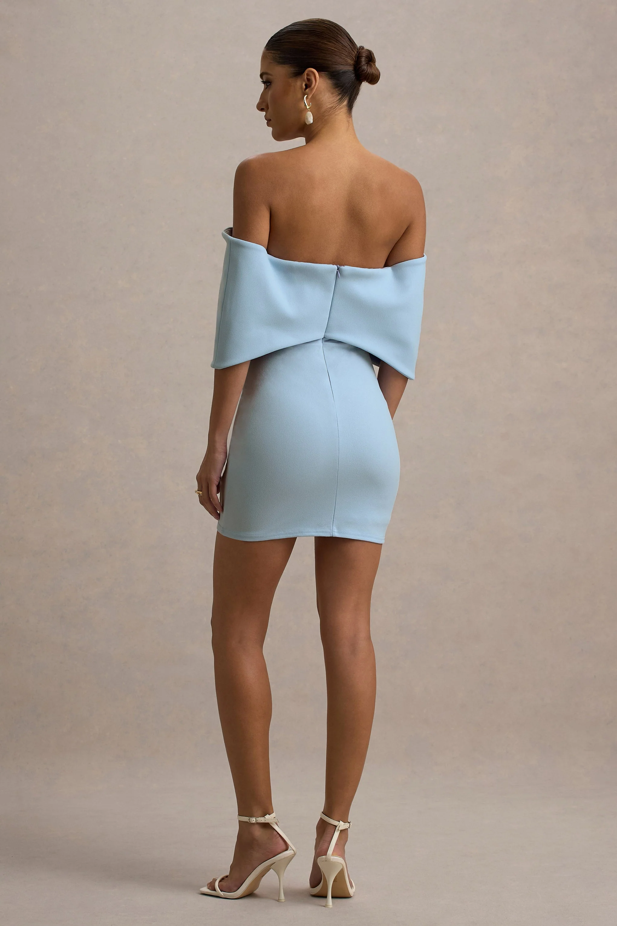 Sadie | Powder Blue Bow Bardot Mini Dress
