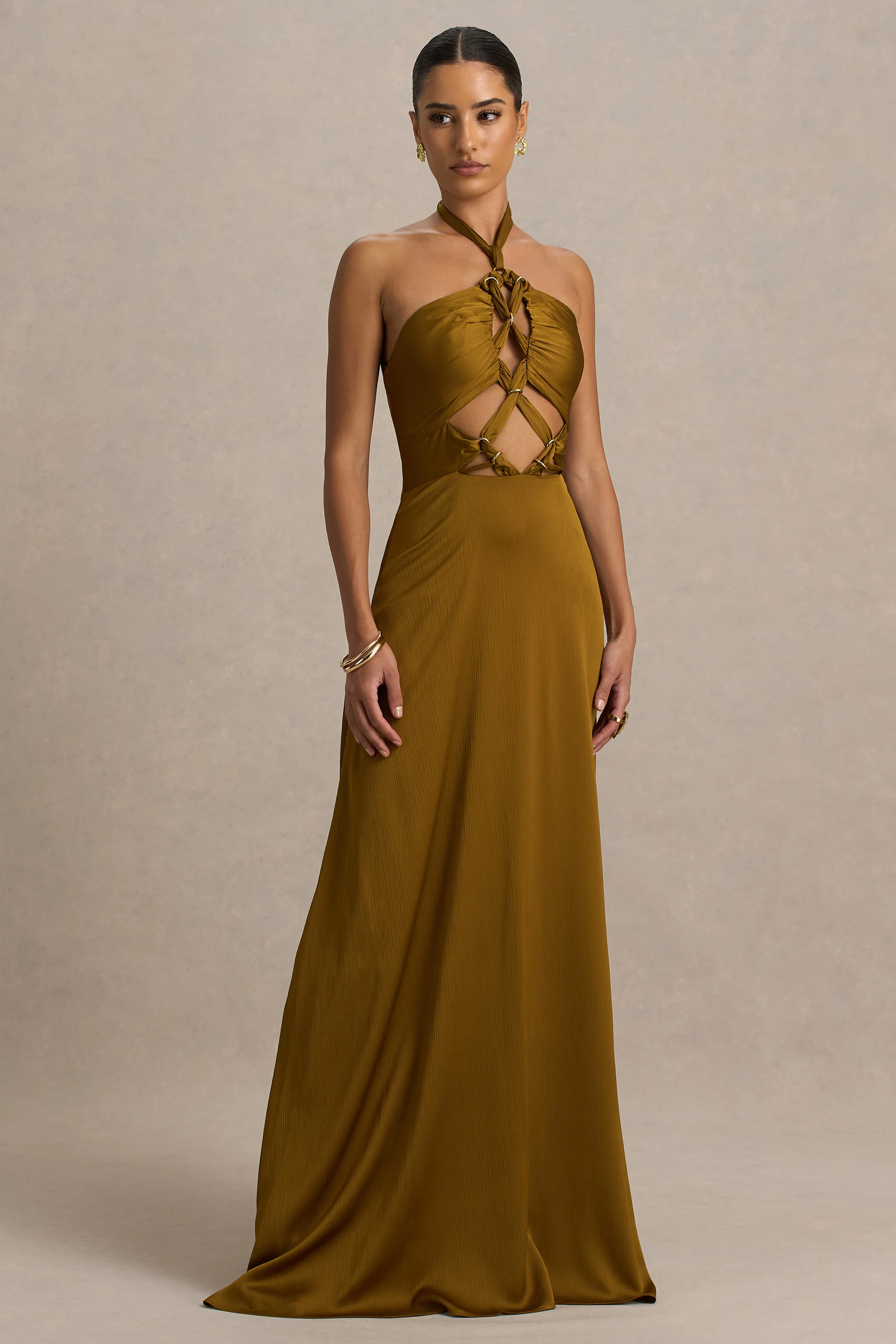 Aleera | Olive Chiffon Halter-Neck Maxi Dress With Cut-Out Detail