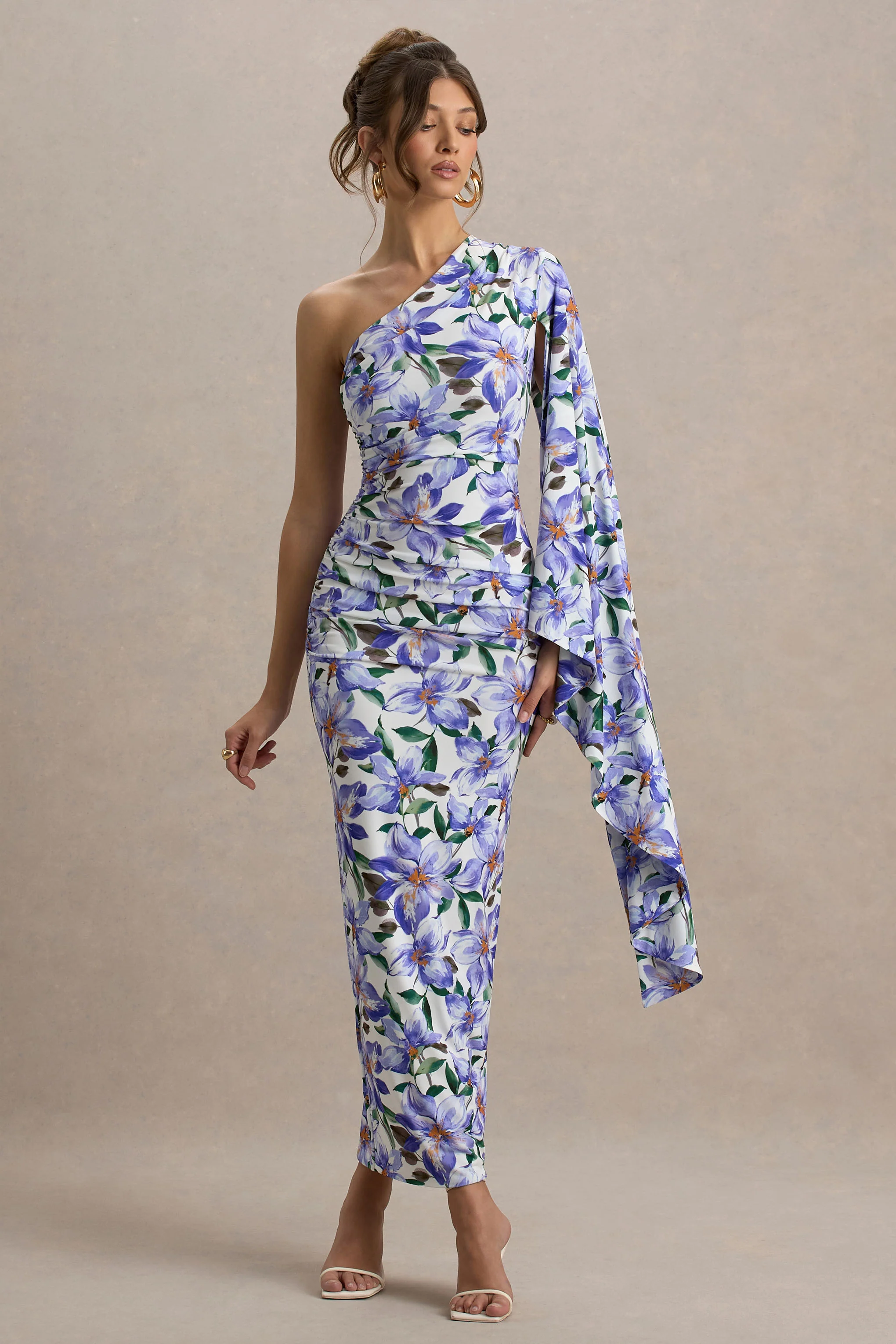 Clementina | Purple Lily Print Asymmetric Cape Sleeve Maxi Dress