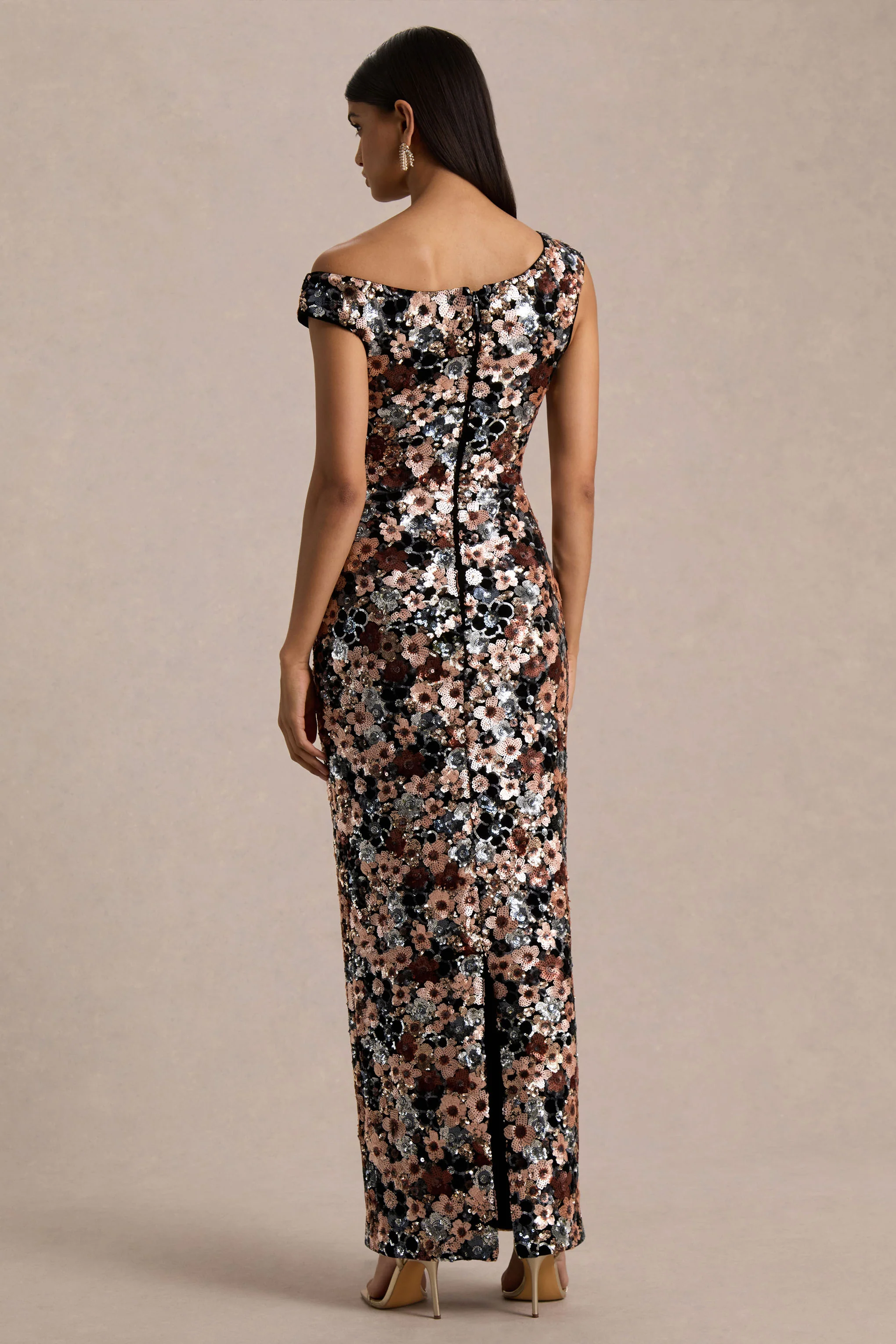 Electric | Black Sequin Floral Velvet Asymmetric-Neck Maxi Dress
