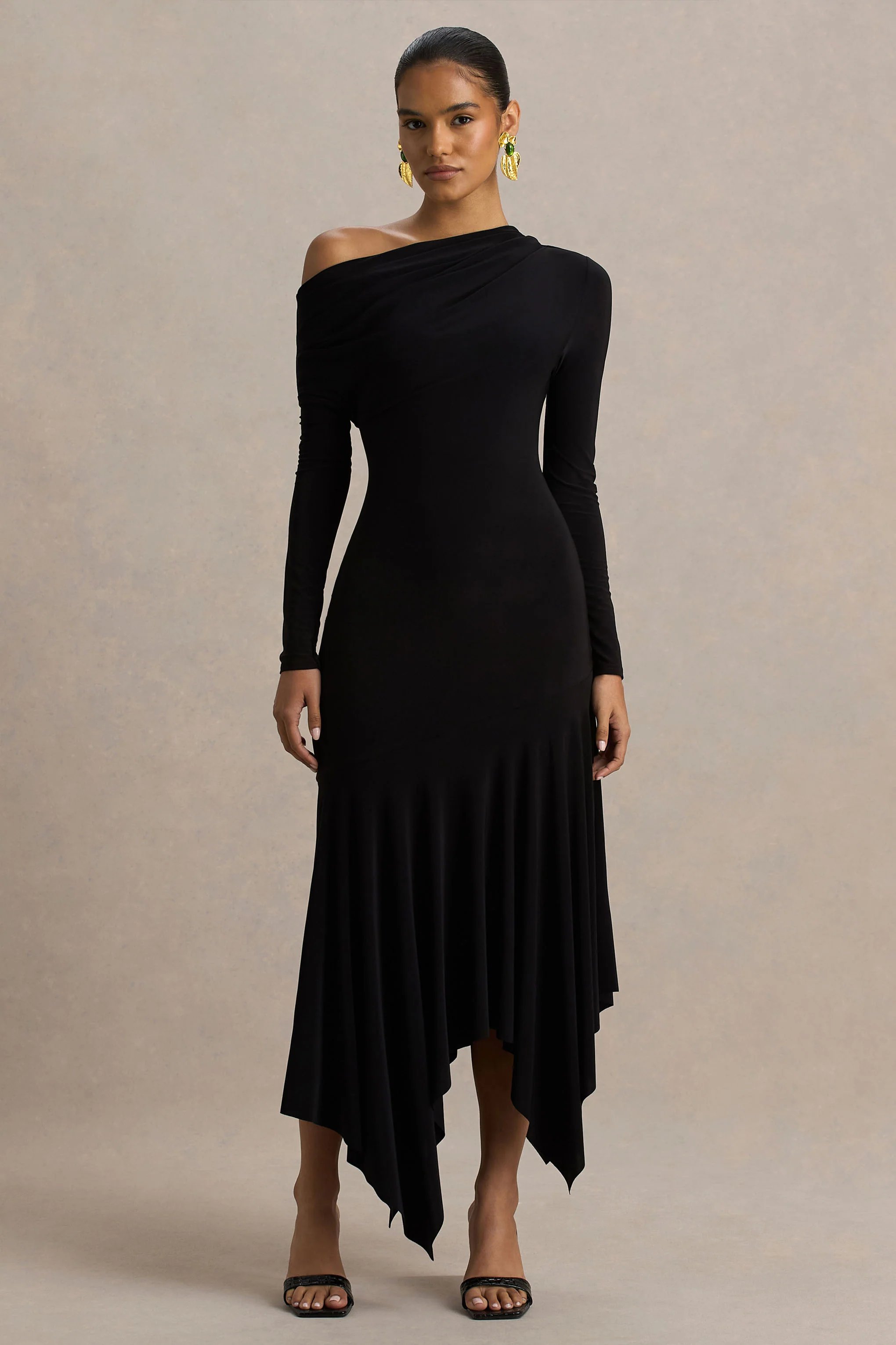 Isola | Black Asymmetric-Neck Midi Dress With Drop-Waist