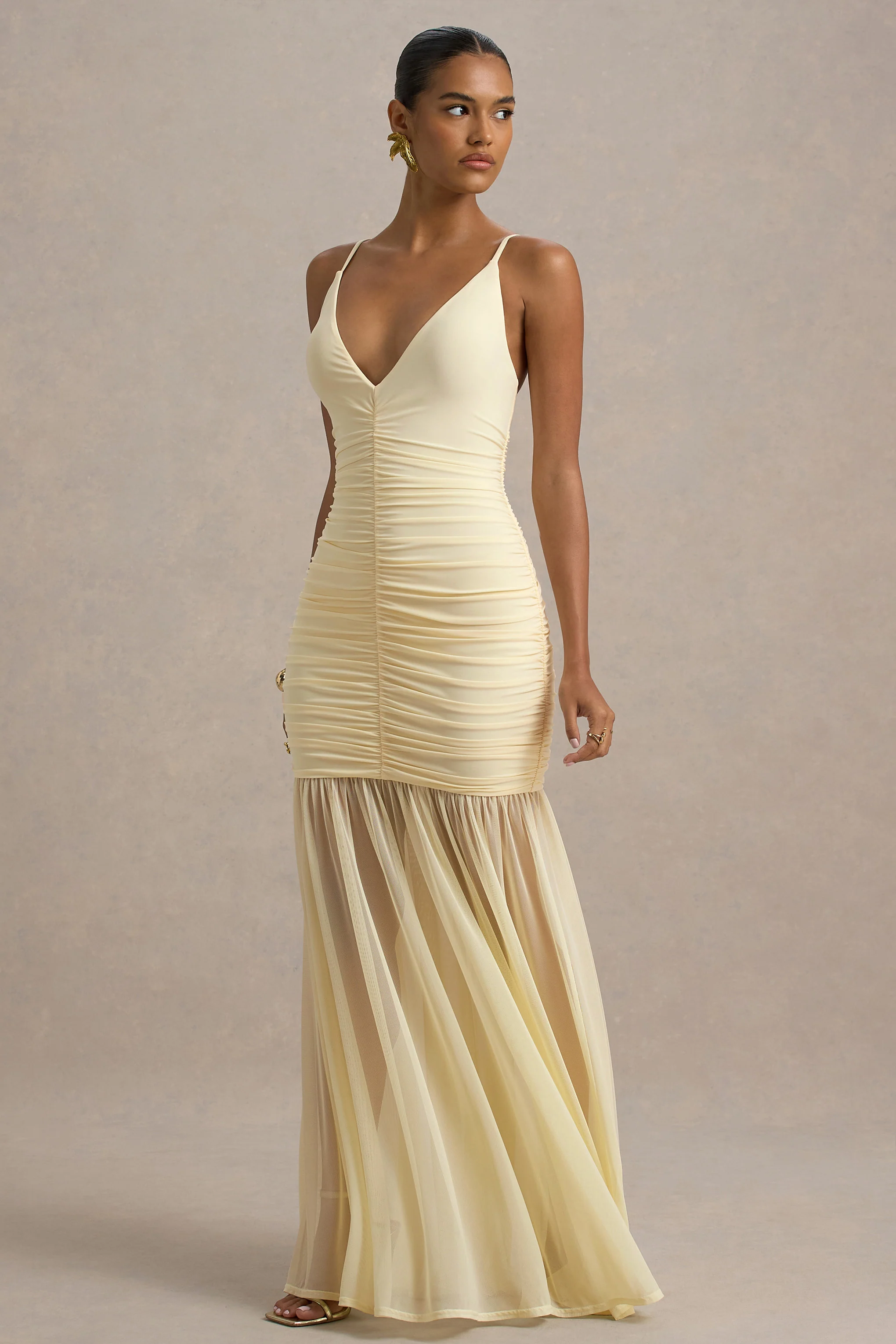 Pasqualina | Pale Lemon Ruched Plunge-Neck Maxi Dress