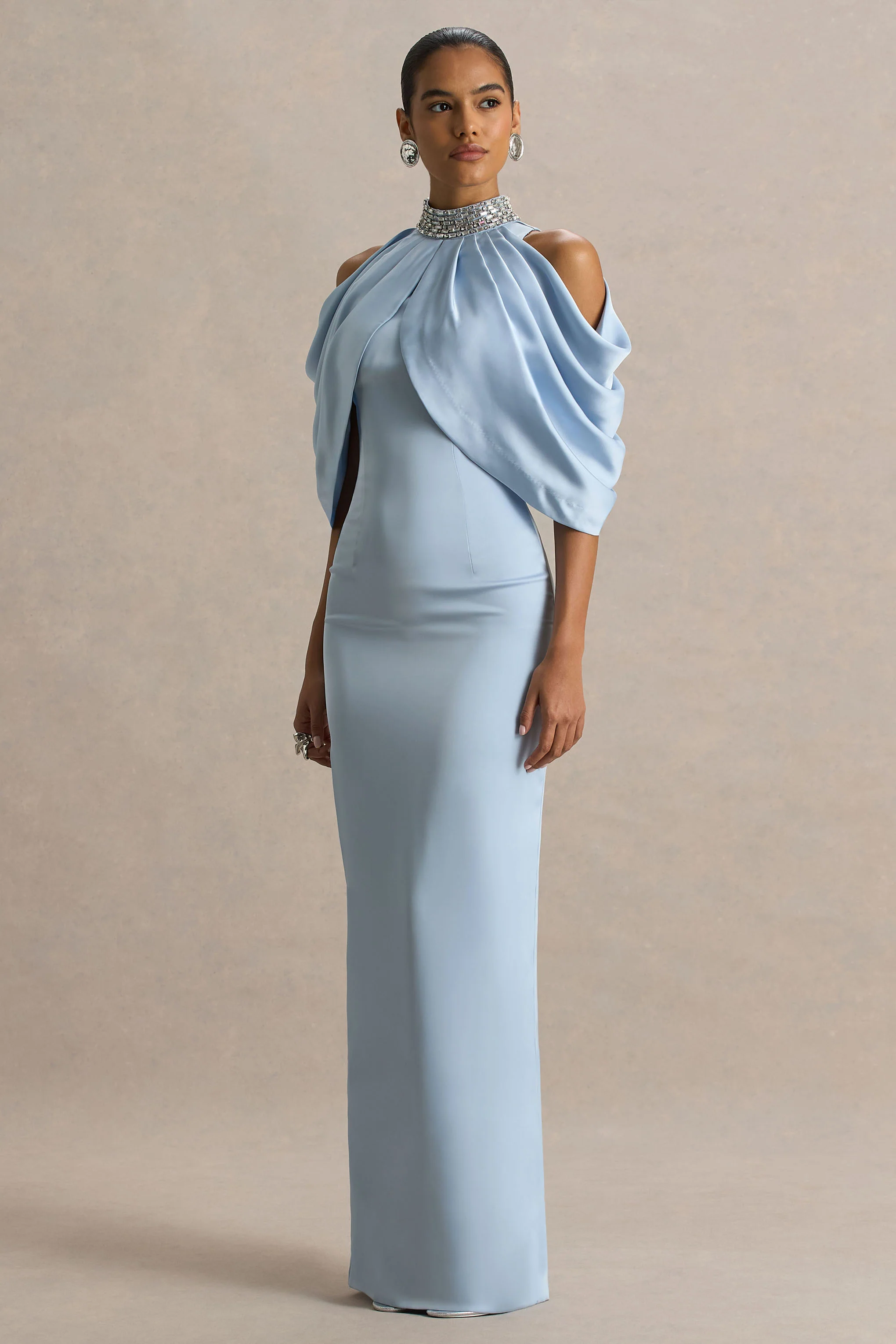 Sulliana | Powder Blue Satin High-Neck Maxi Dress With Embellished Detail And Cape Sleeves