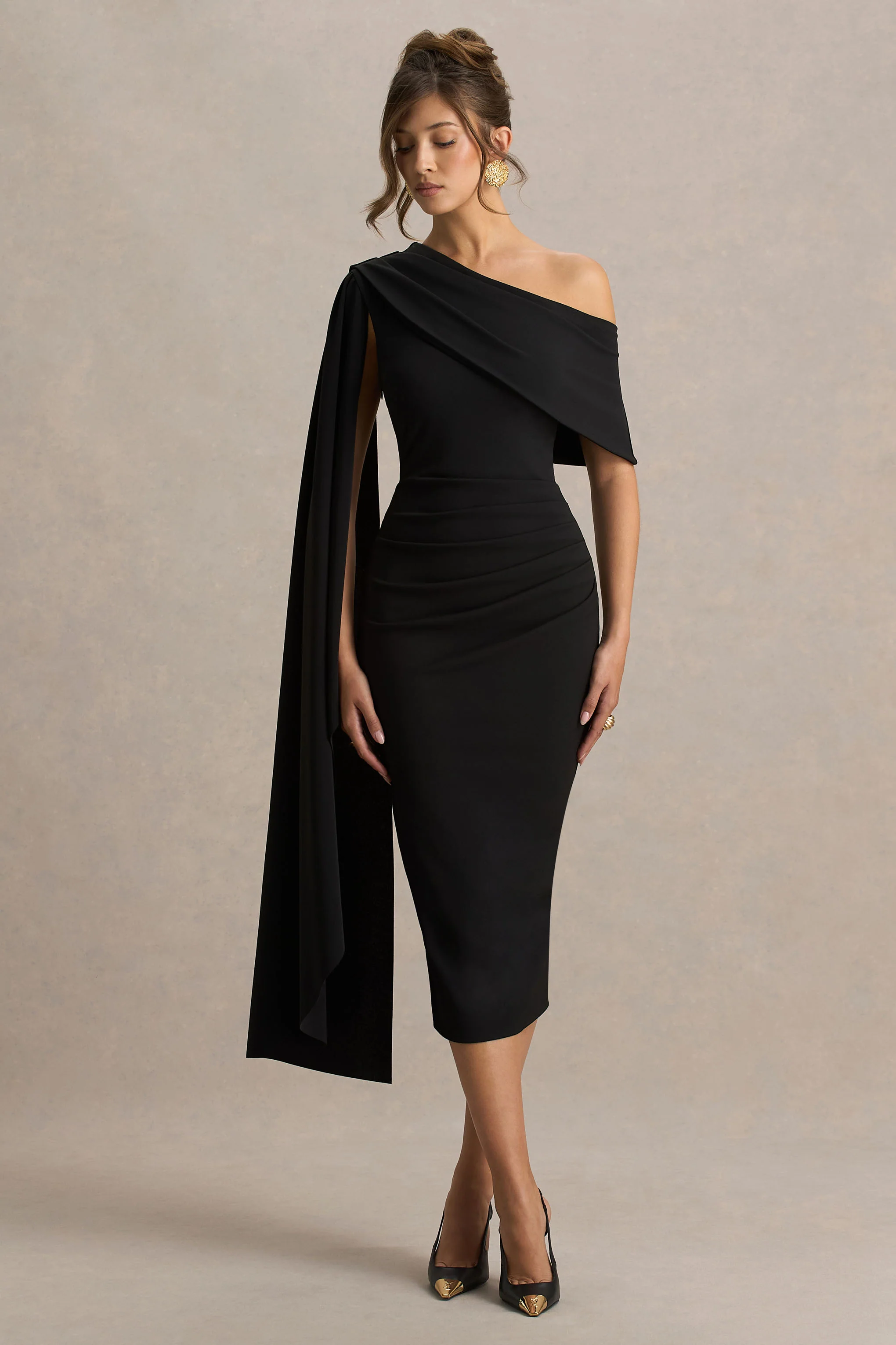 Leah | Black Asymmetric-Neck Midi Dress With Cape-Sleeve And Draped Detailing
