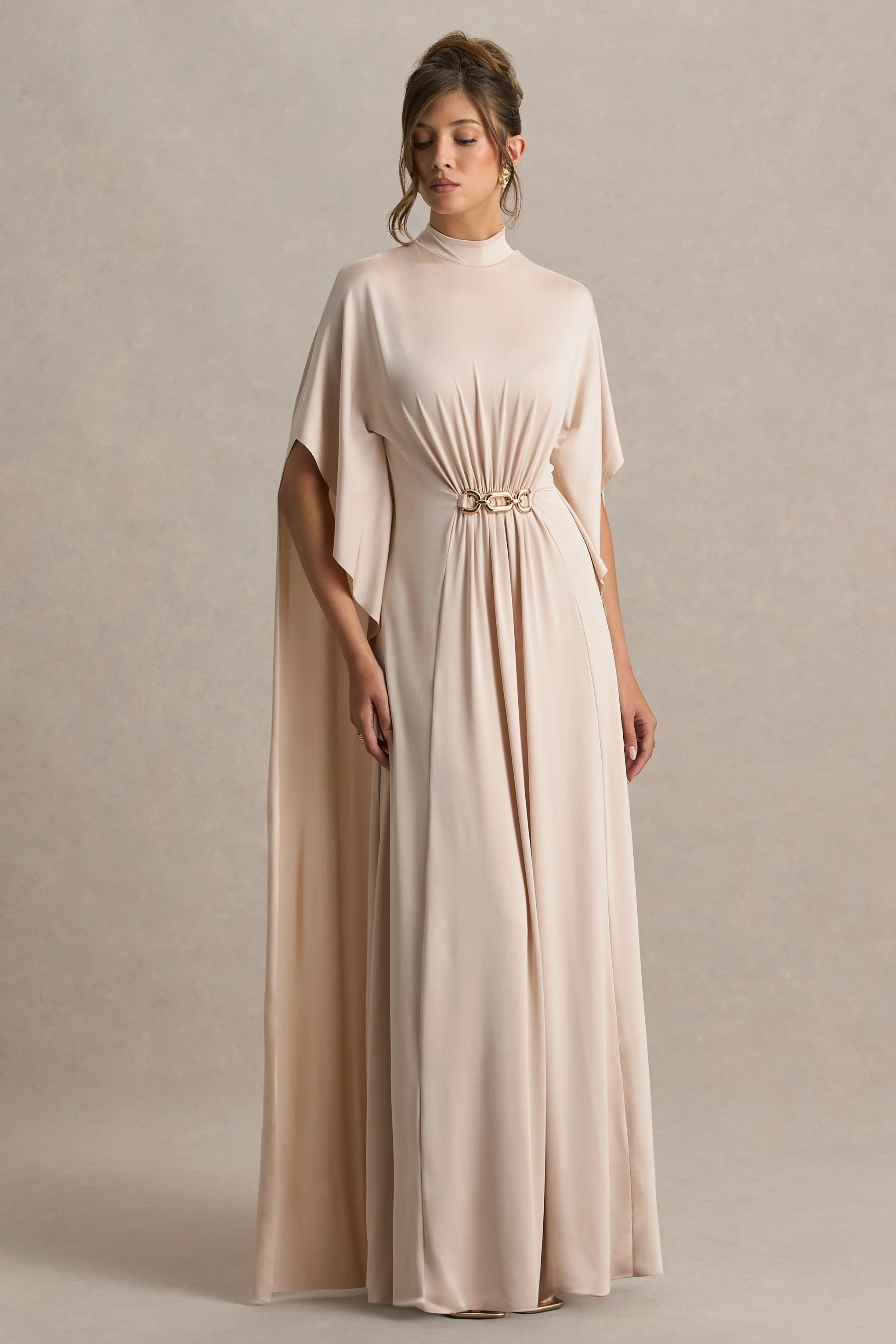 Olessia | Champagne Belted Gathered Cape-Sleeve Maxi Dress