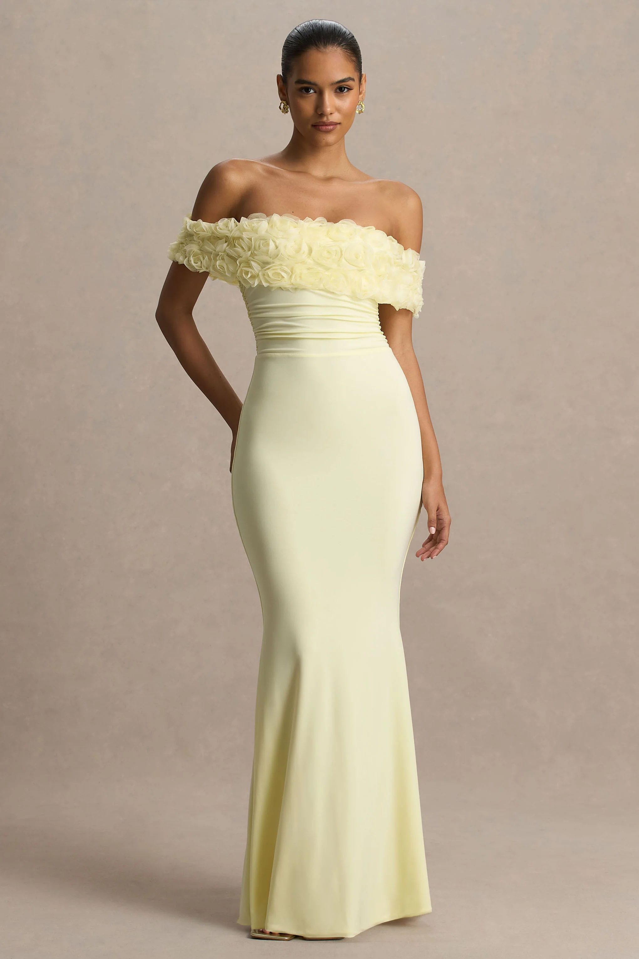 Pastille | Lemon Floral Bardot Maxi Dress With Ruched Detailing
