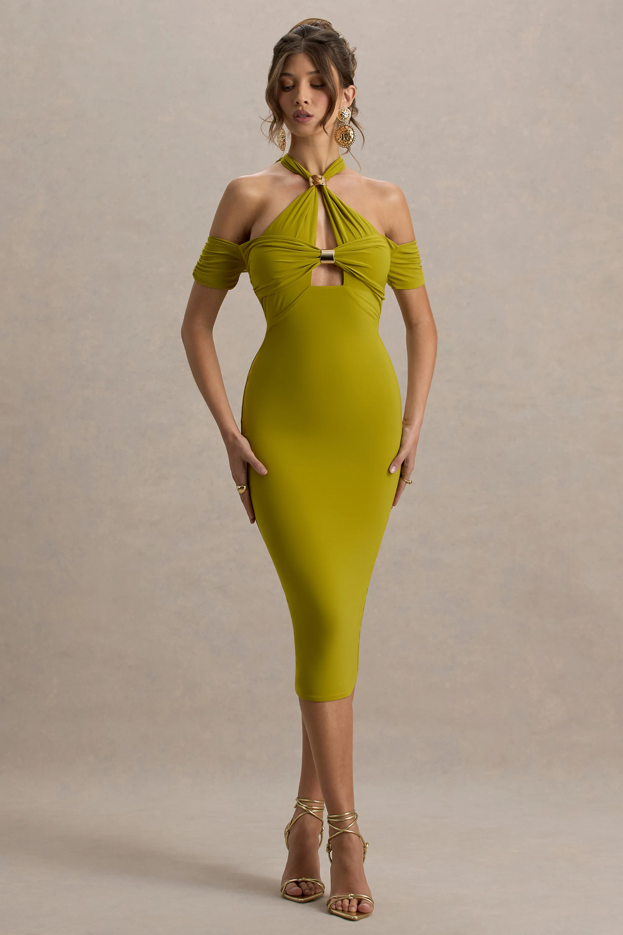 Selvina | Green Cut-Out Halter-Neck Midi Dress