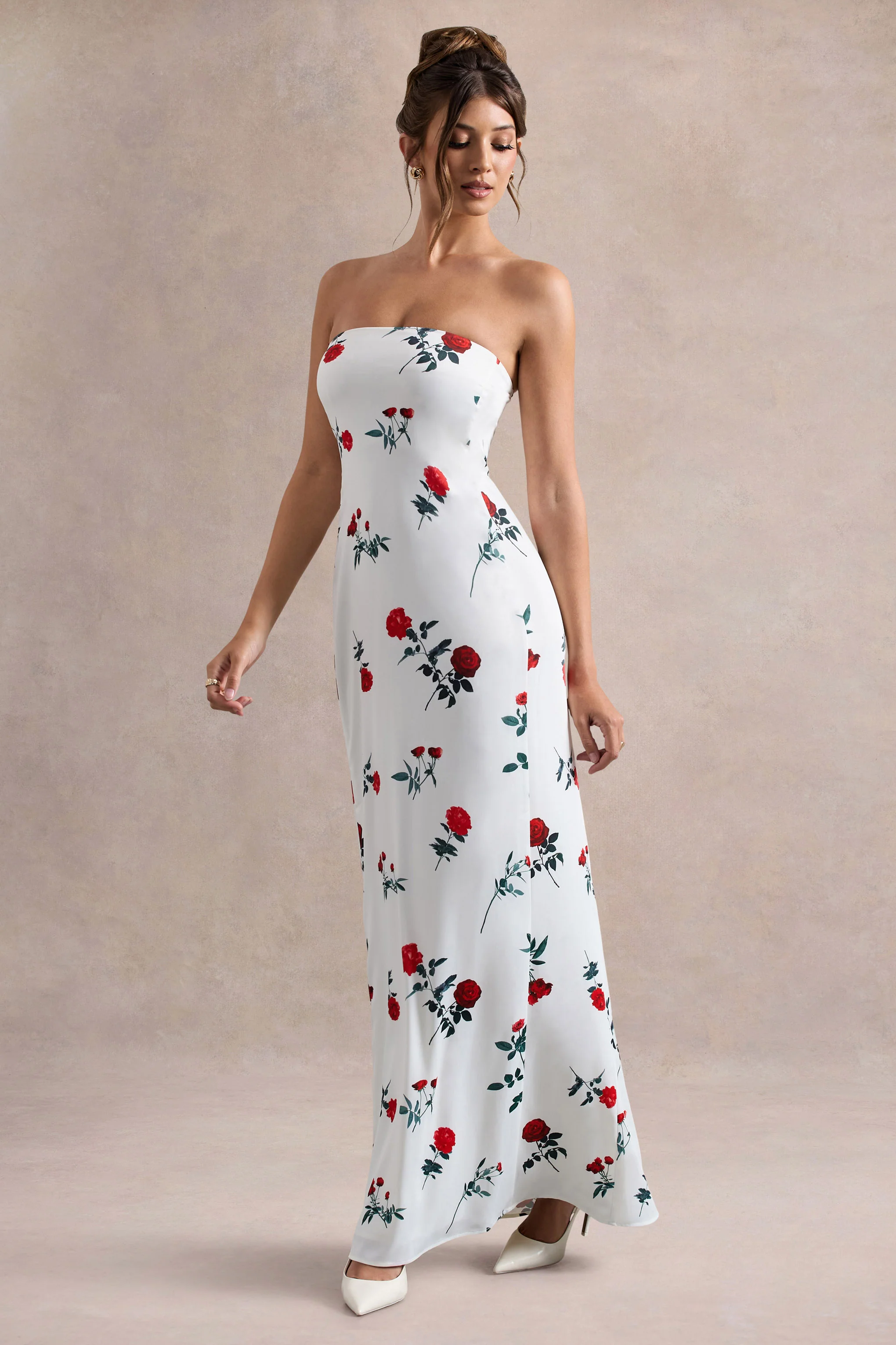 Azra | Rose Print Satin Bandeau Maxi Dress