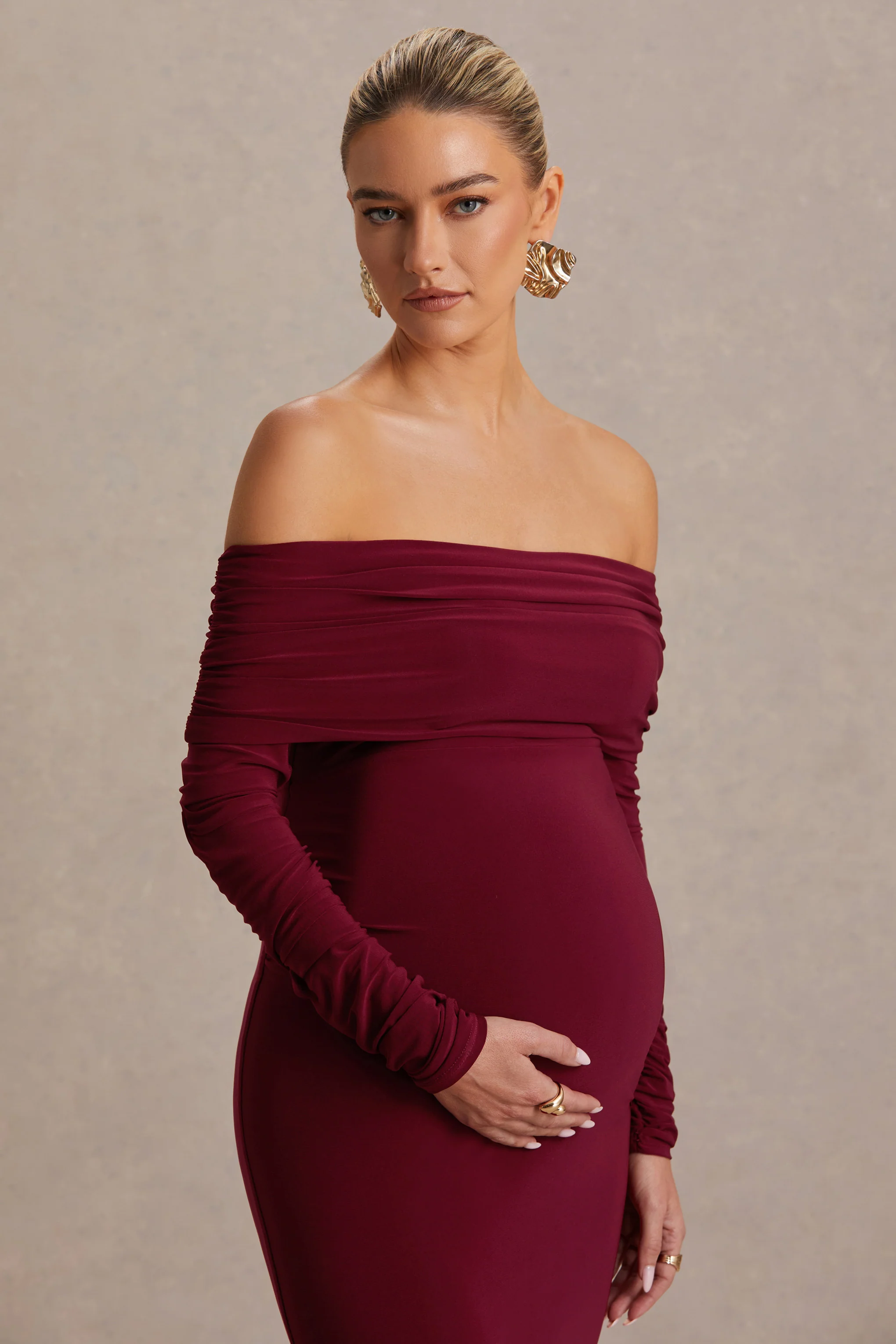 Odessa | Berry Bardot-Neck Maternity Maxi Dress
