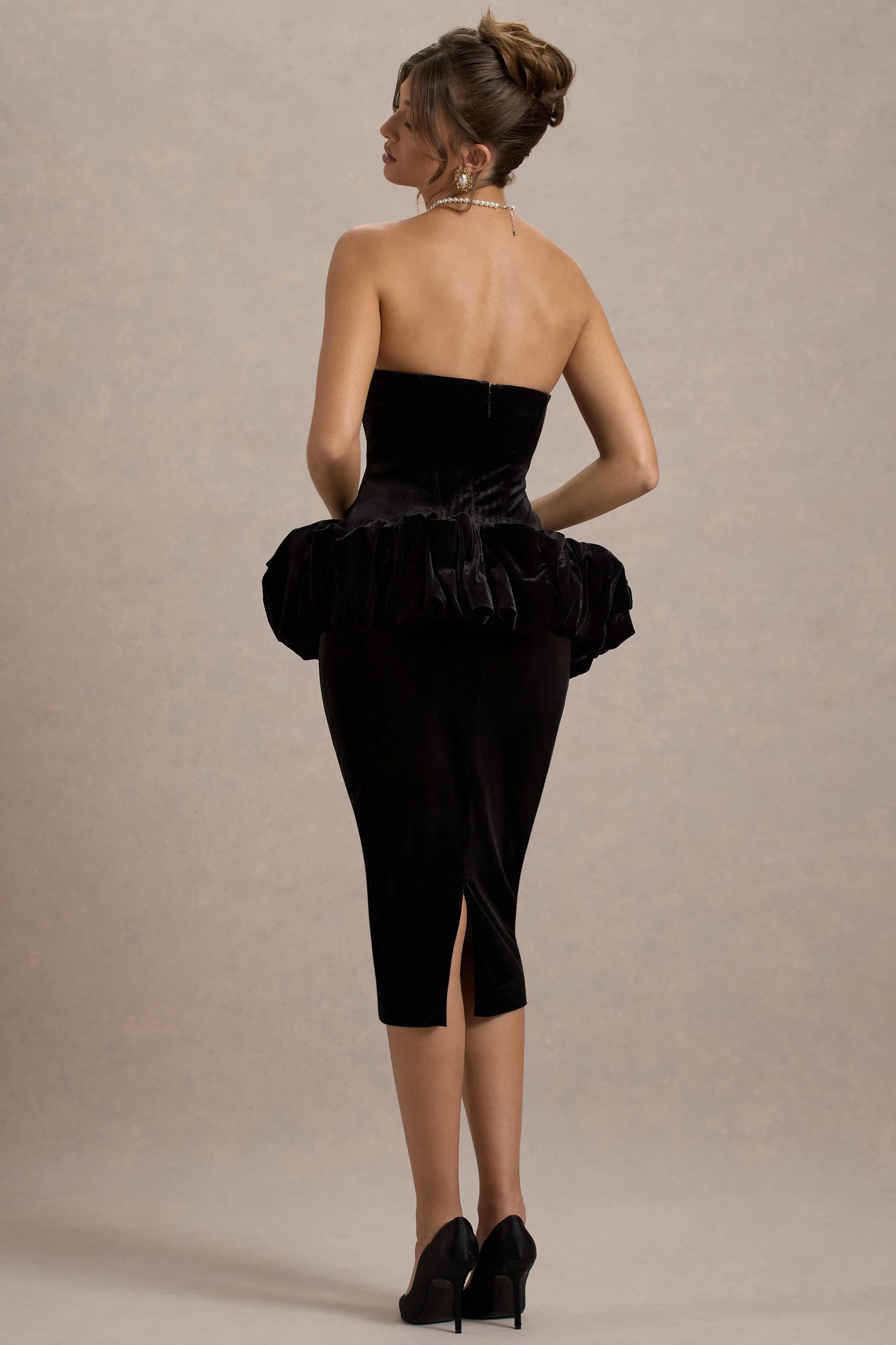 Sarifa | Black Velvet Strapless Corset Midi Dress With Ruffle Peplum