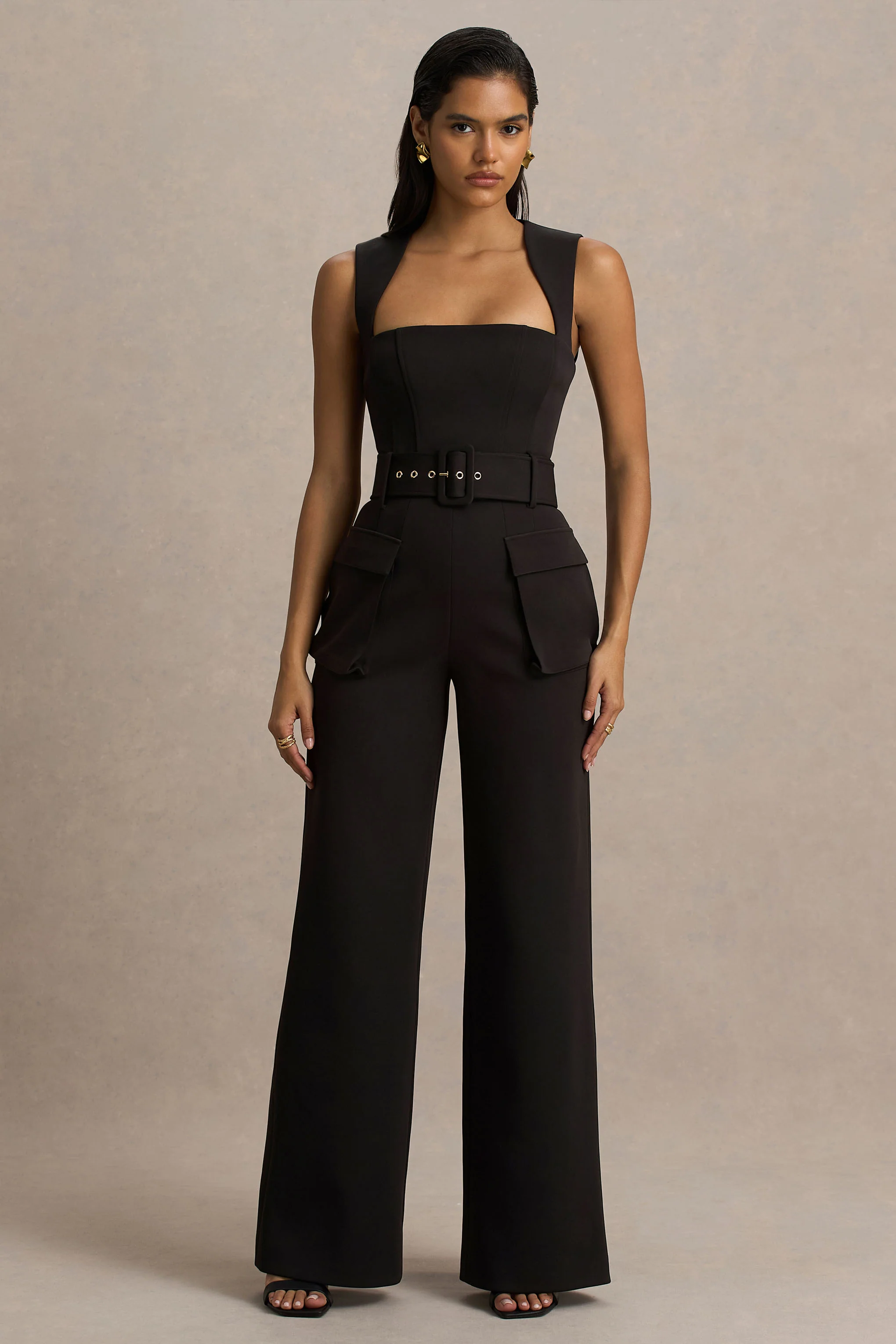Solice | Black Square-Neck Tailored Jumpsuit