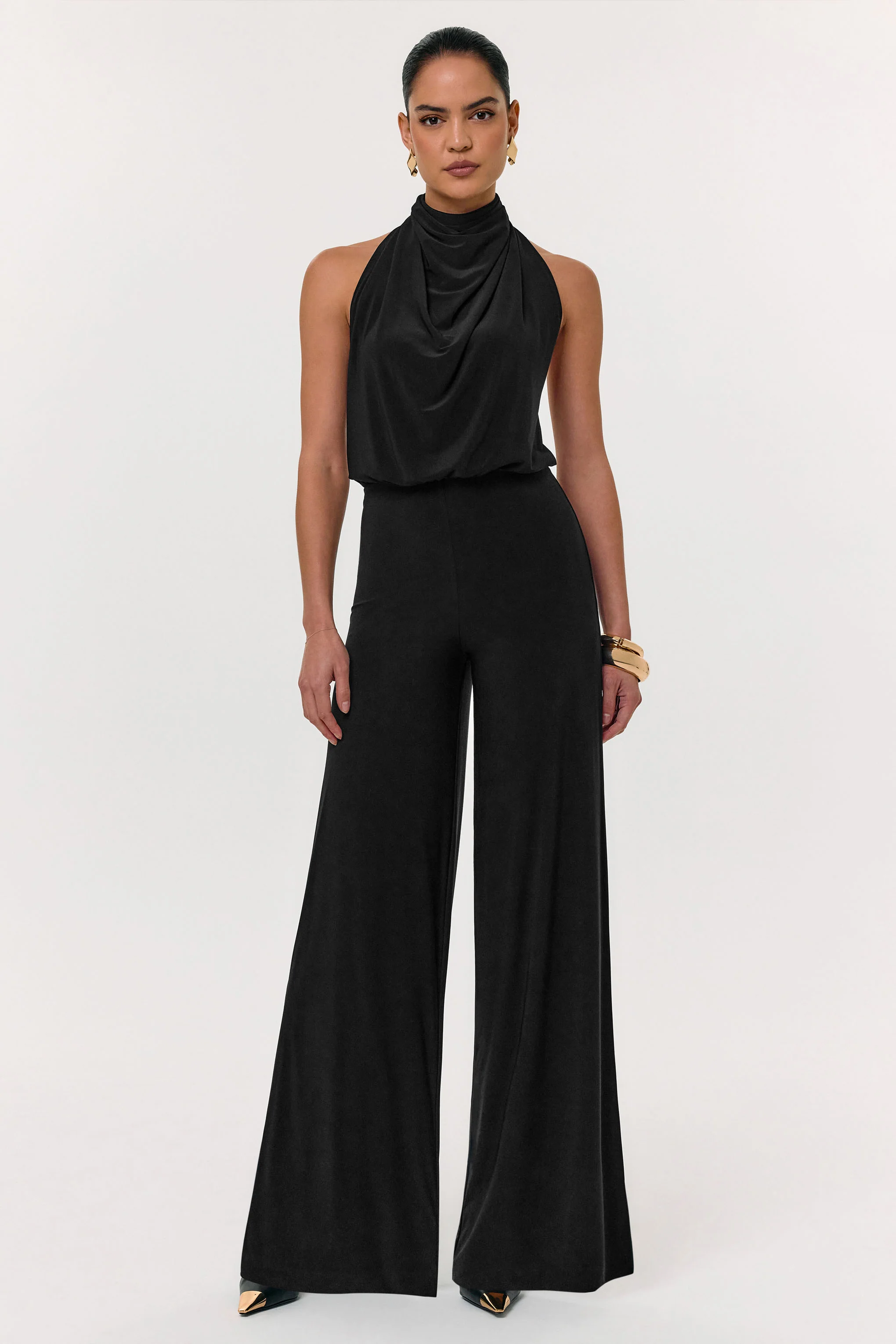 Asha | Black High-Neck Jumpsuit With Ruched Detail