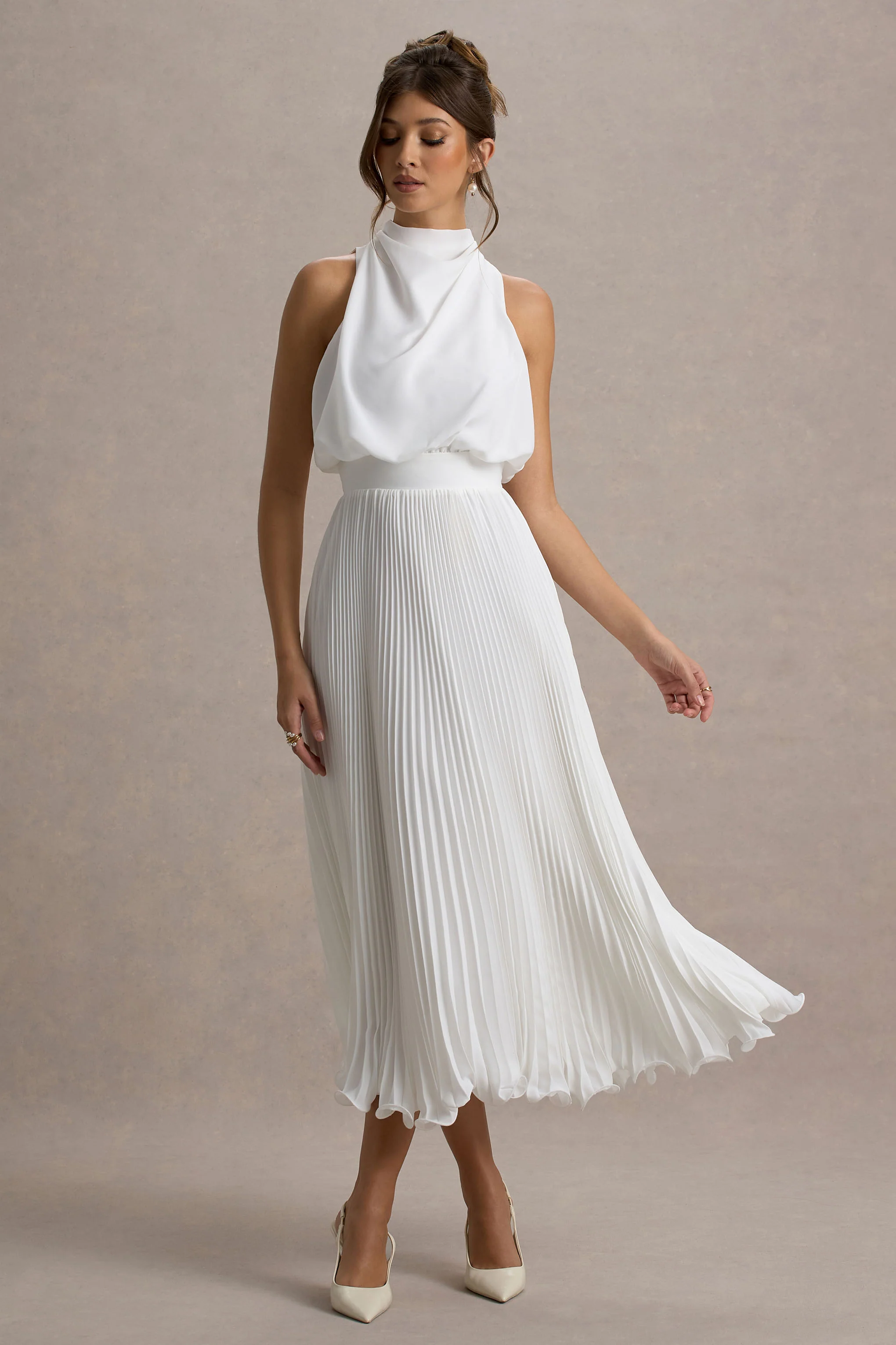 Nila | White Cowl-Neck Midi Dress With Plisse Skirt