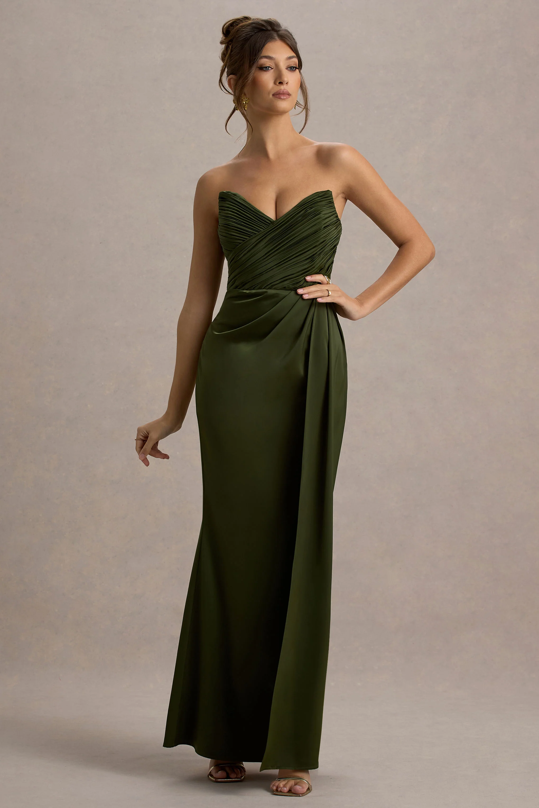 Edel | Olive Satin Strapless Maxi Dress With Drape