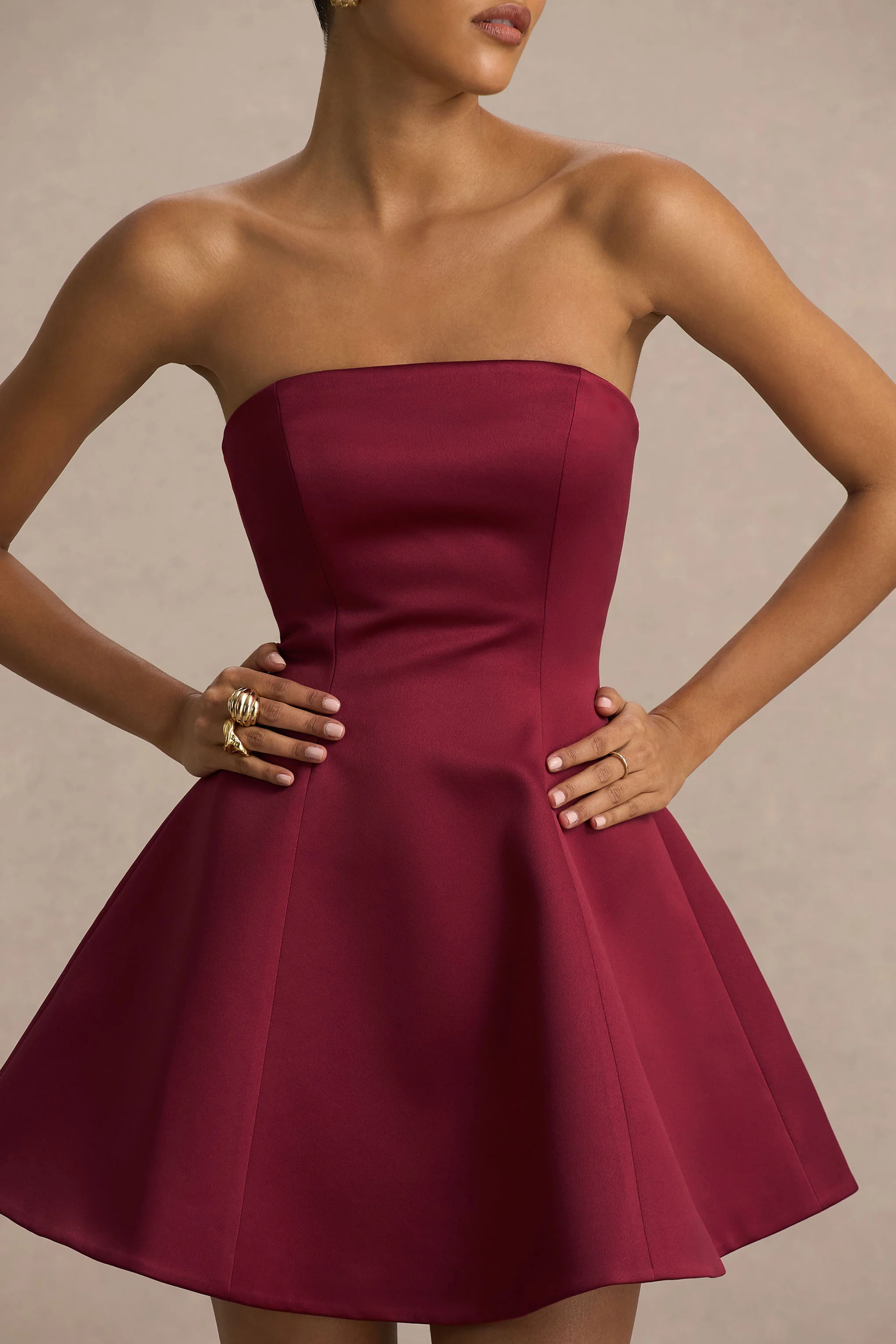 Lioray | Burgundy Satin Bandeau-Neck A-Line Mini Dress