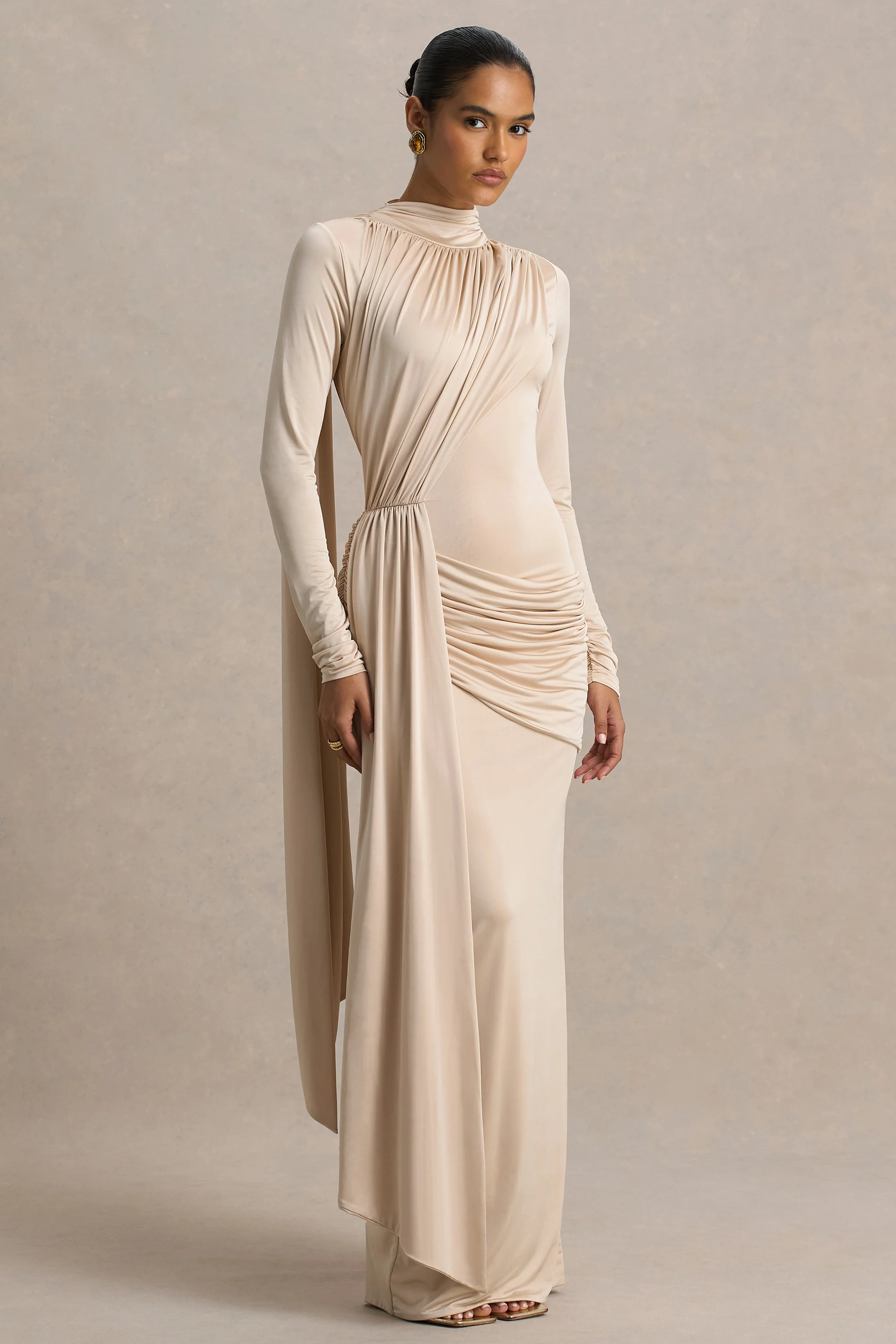 Romi | Champagne High-Neck Maxi Dress With Ruched Detailing