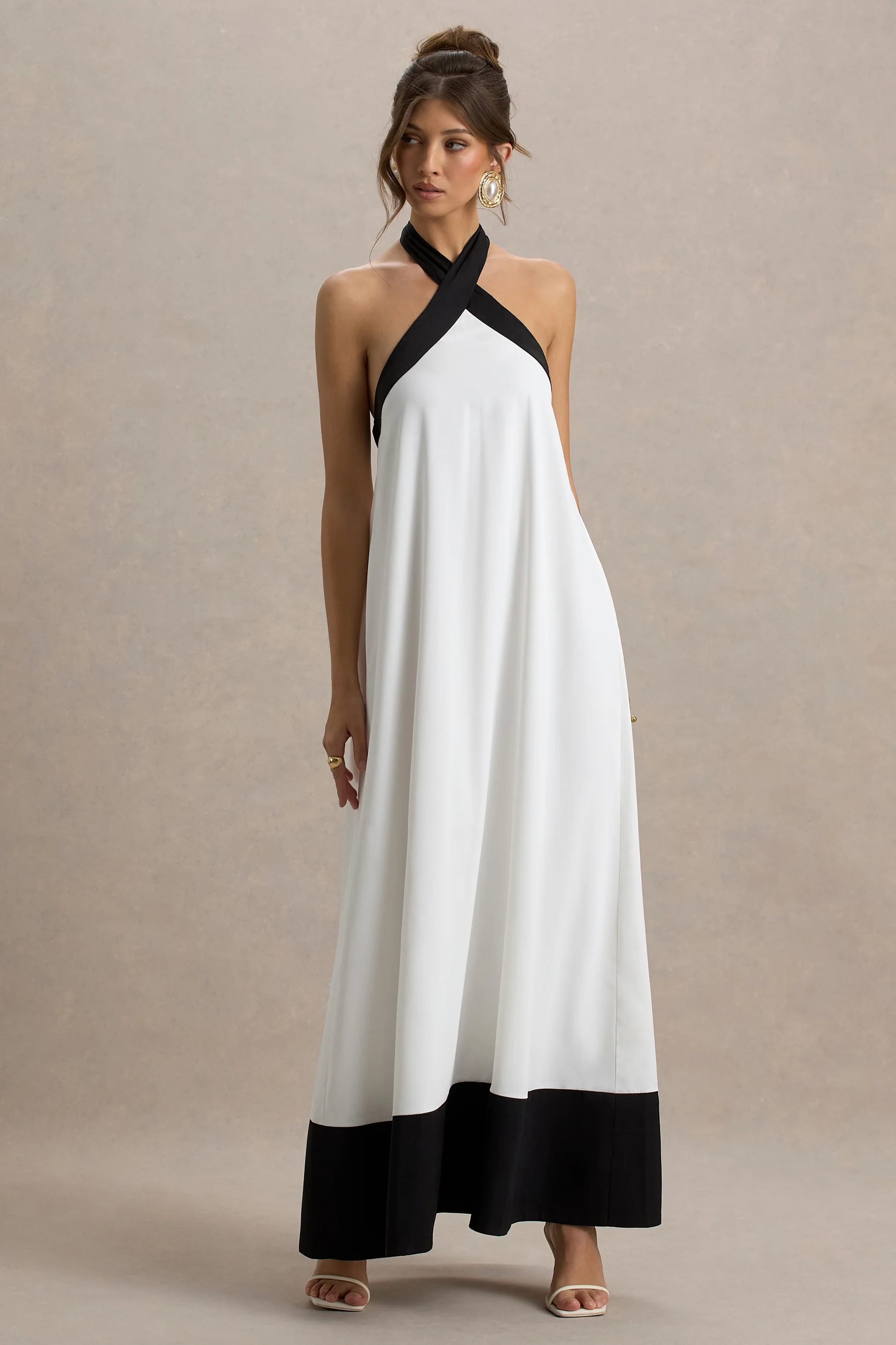Clarabella | White & Black Halter-Neck Maxi Dress